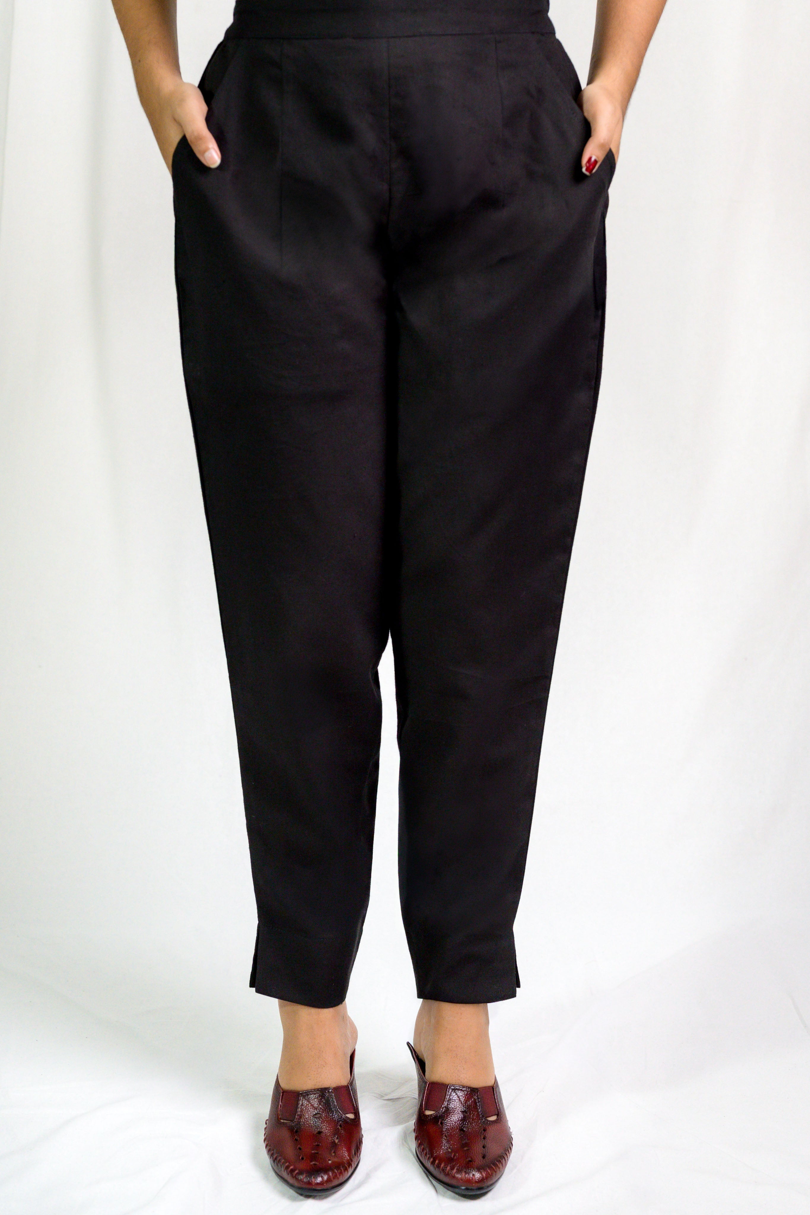 Black Cotton Flax Pencil Pants