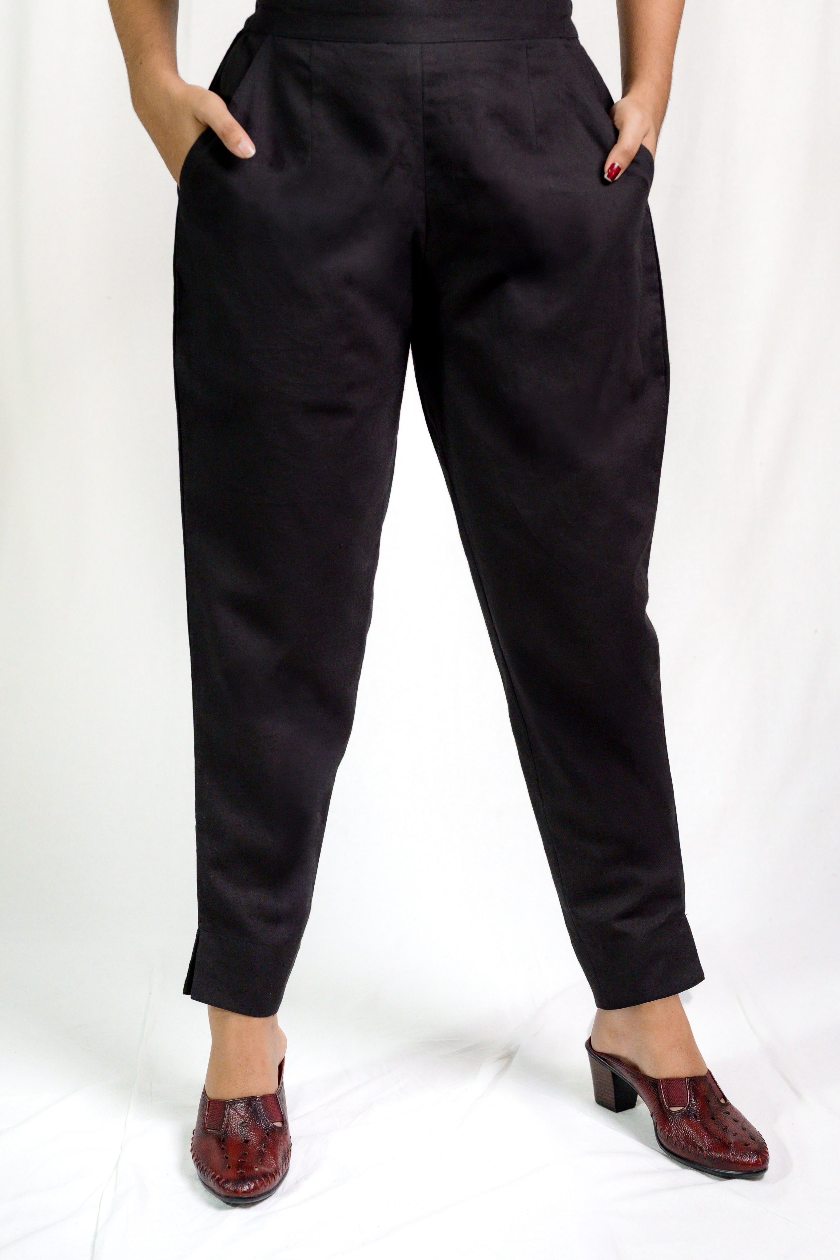 Black Cotton Flax Pencil Pants