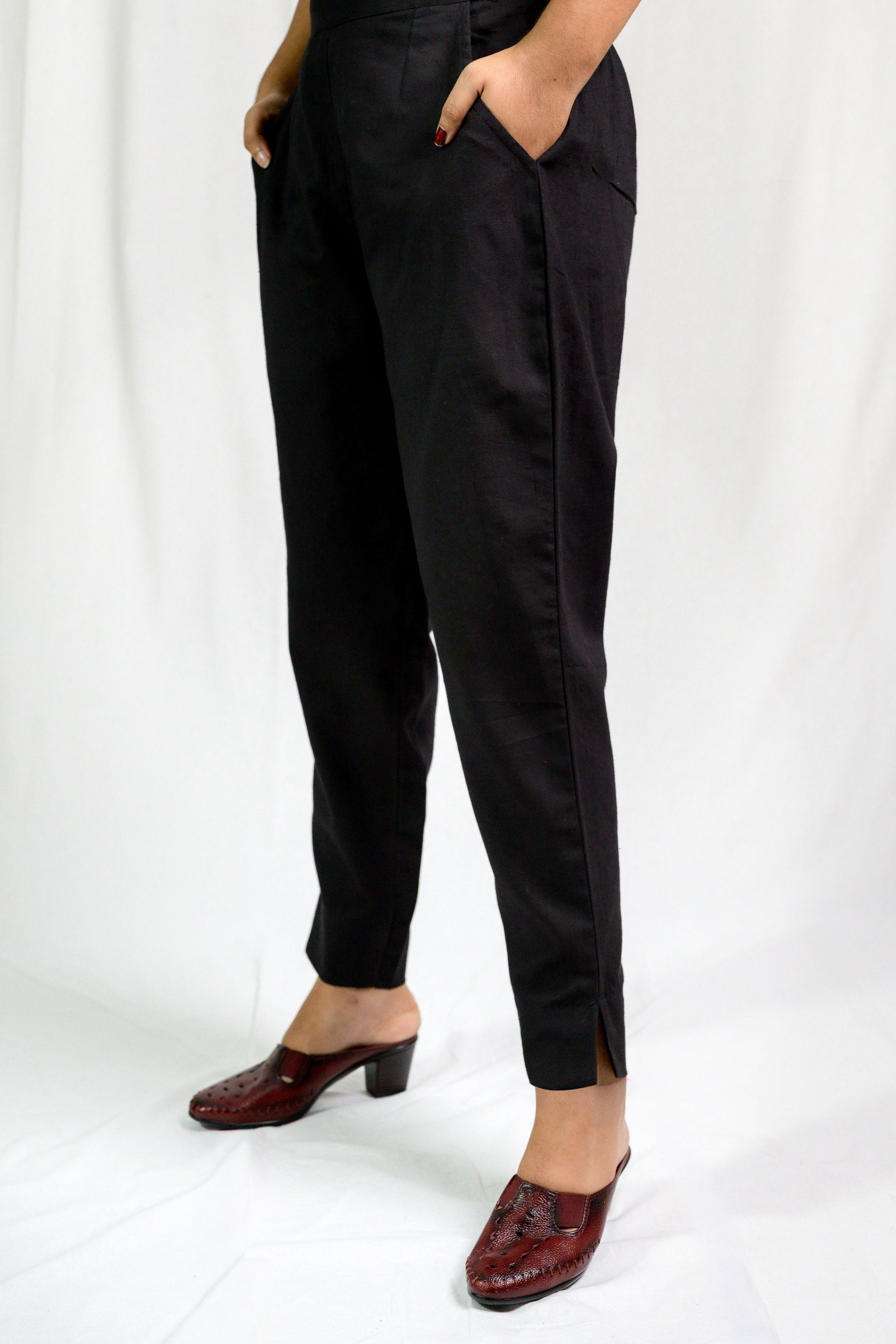 Black Cotton Flax Pencil Pants