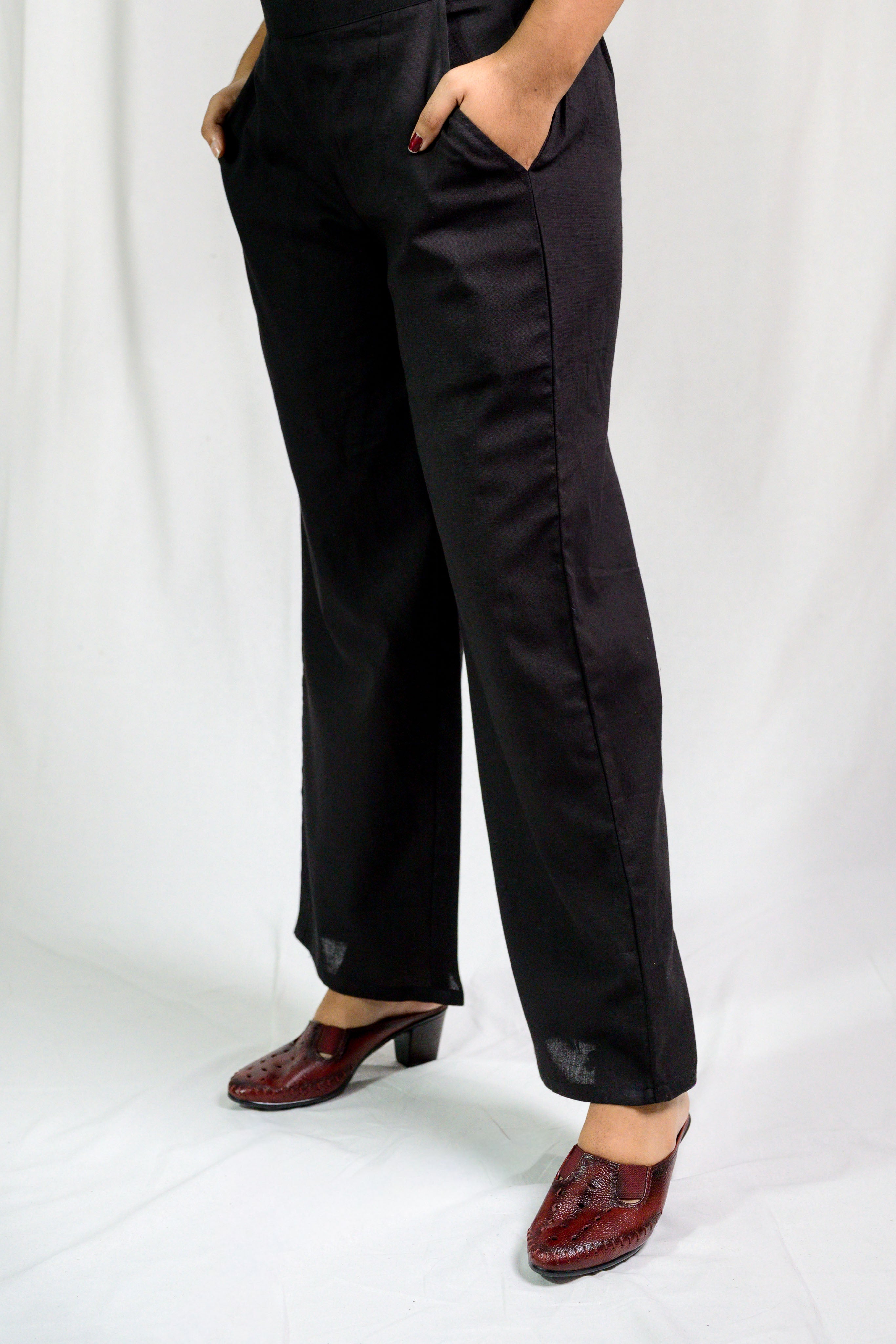 Black Cotton Flax Parallel Pants