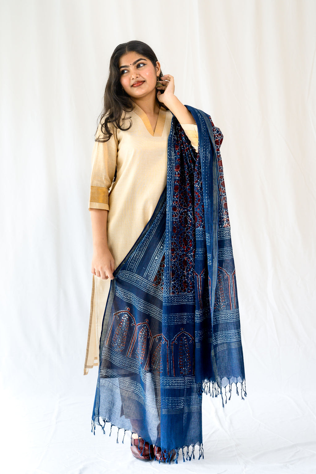 Dark Indigo Blue Floral Ajrakh Pure Cotton Dupatta