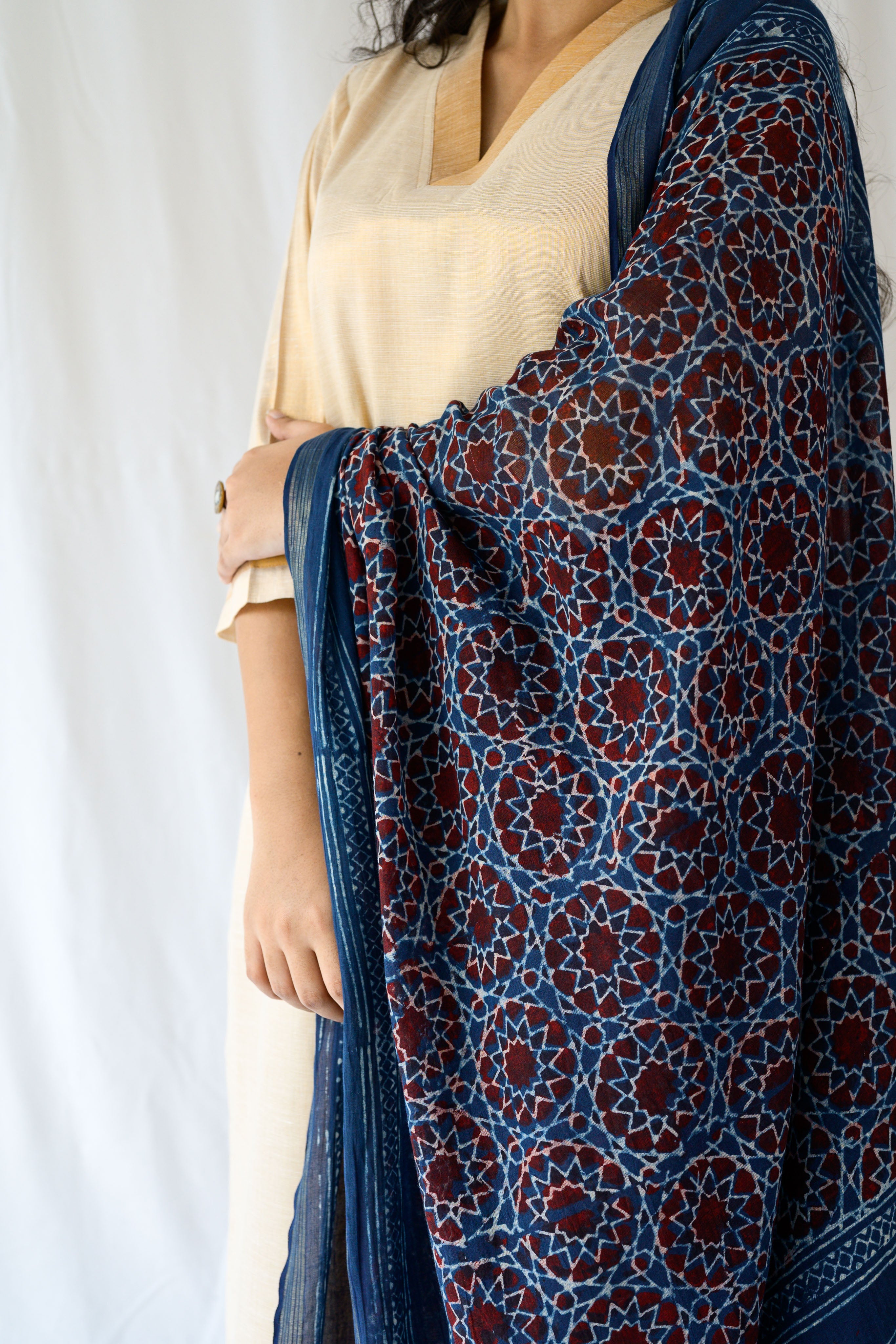 Dark Indigo Blue Floral Ajrakh Pure Cotton Dupatta