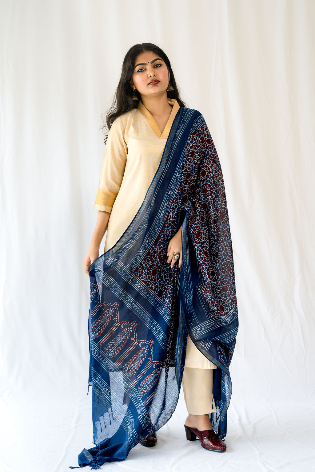 Dark Indigo Blue Floral Ajrakh Pure Cotton Dupatta