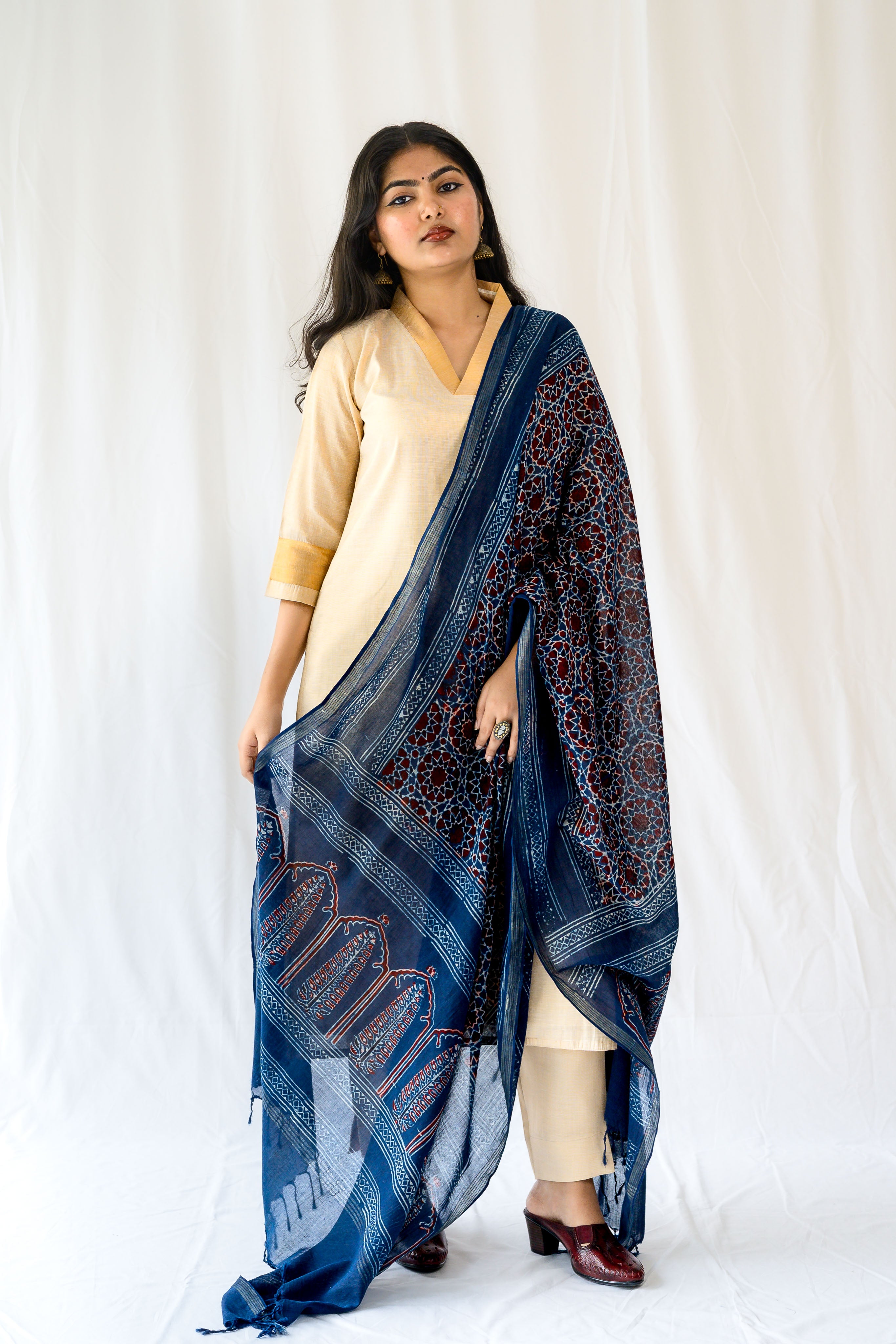 Dark Indigo Blue Floral Ajrakh Pure Cotton Dupatta