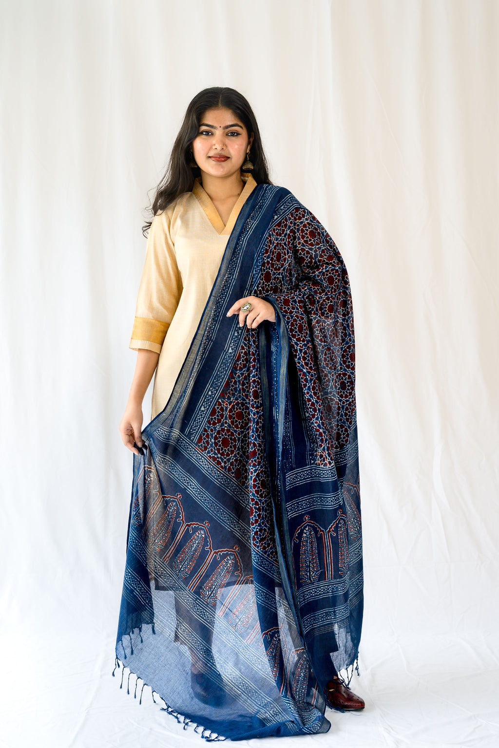 Dark Indigo Blue Floral Ajrakh Pure Cotton Dupatta
