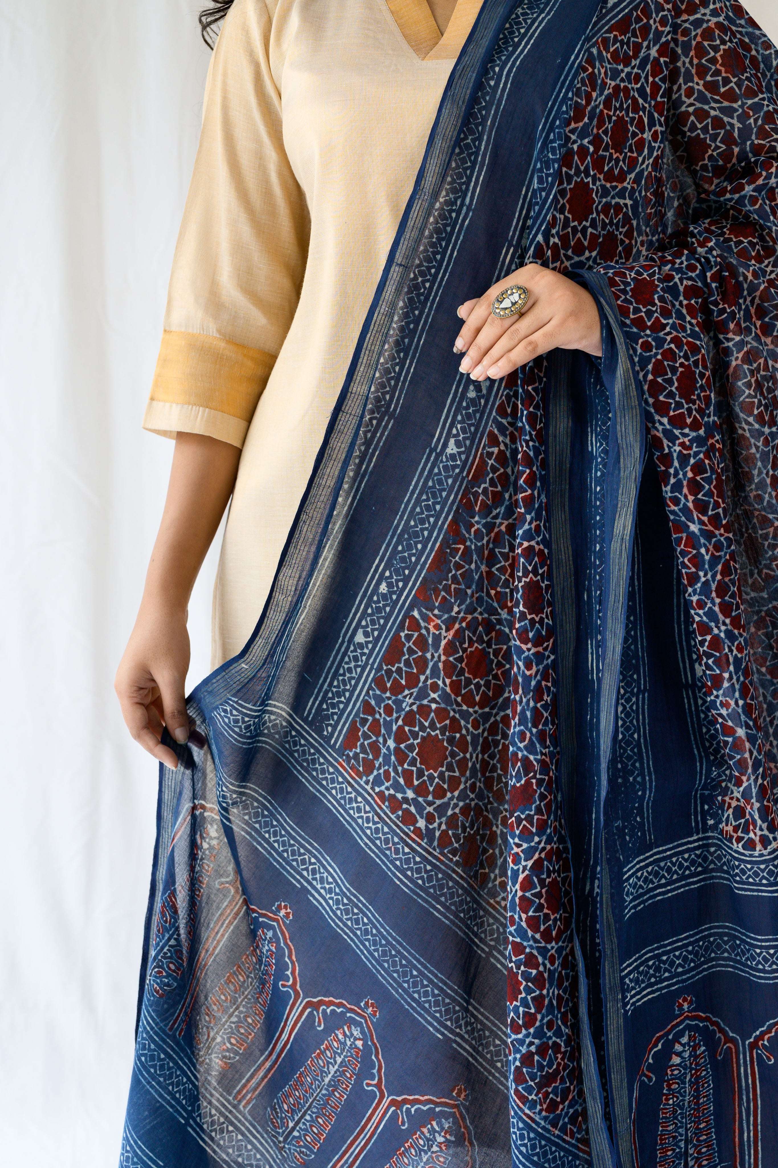 Dark Indigo Blue Floral Ajrakh Pure Cotton Dupatta