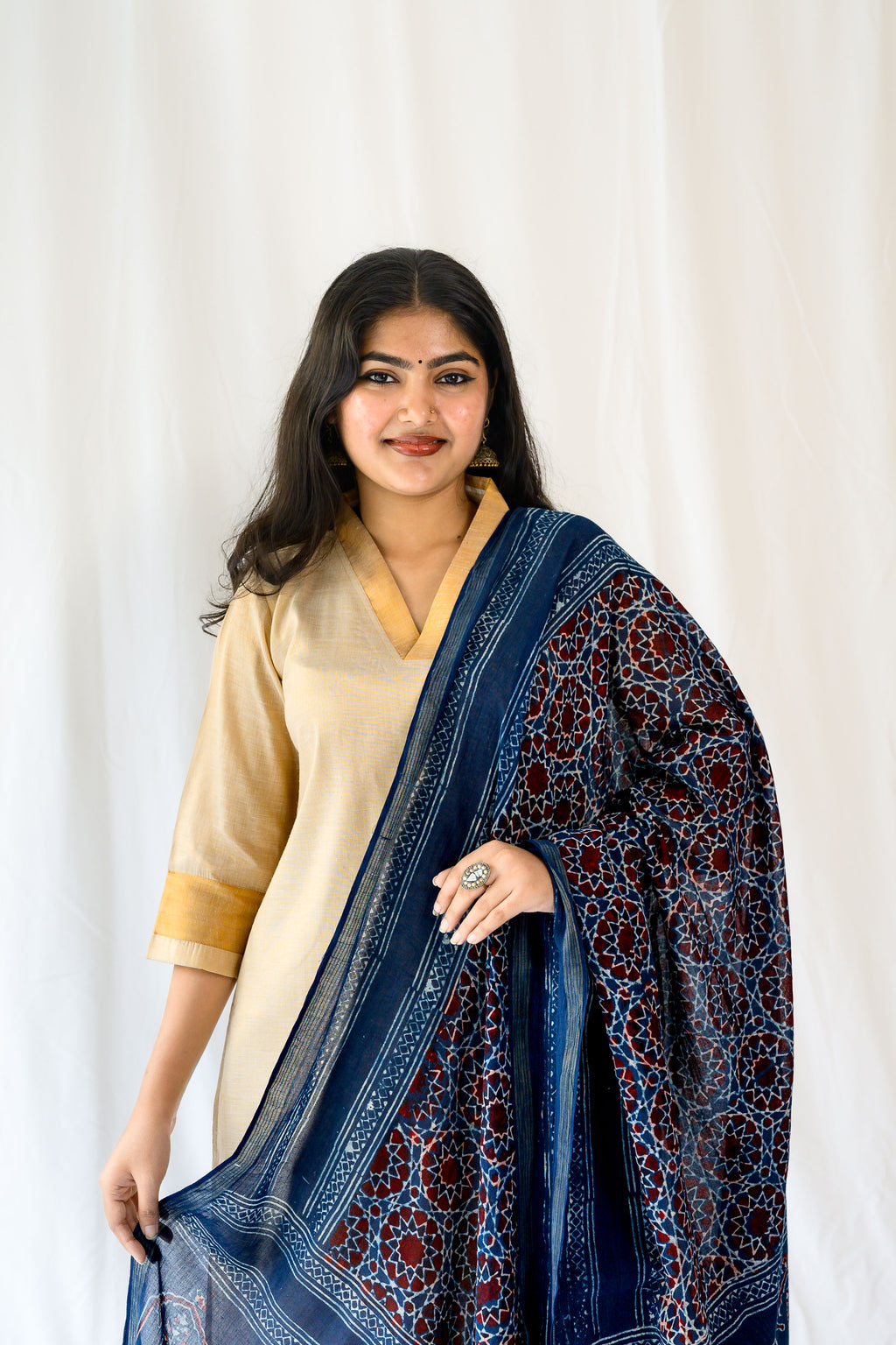 Dark Indigo Blue Floral Ajrakh Pure Cotton Dupatta
