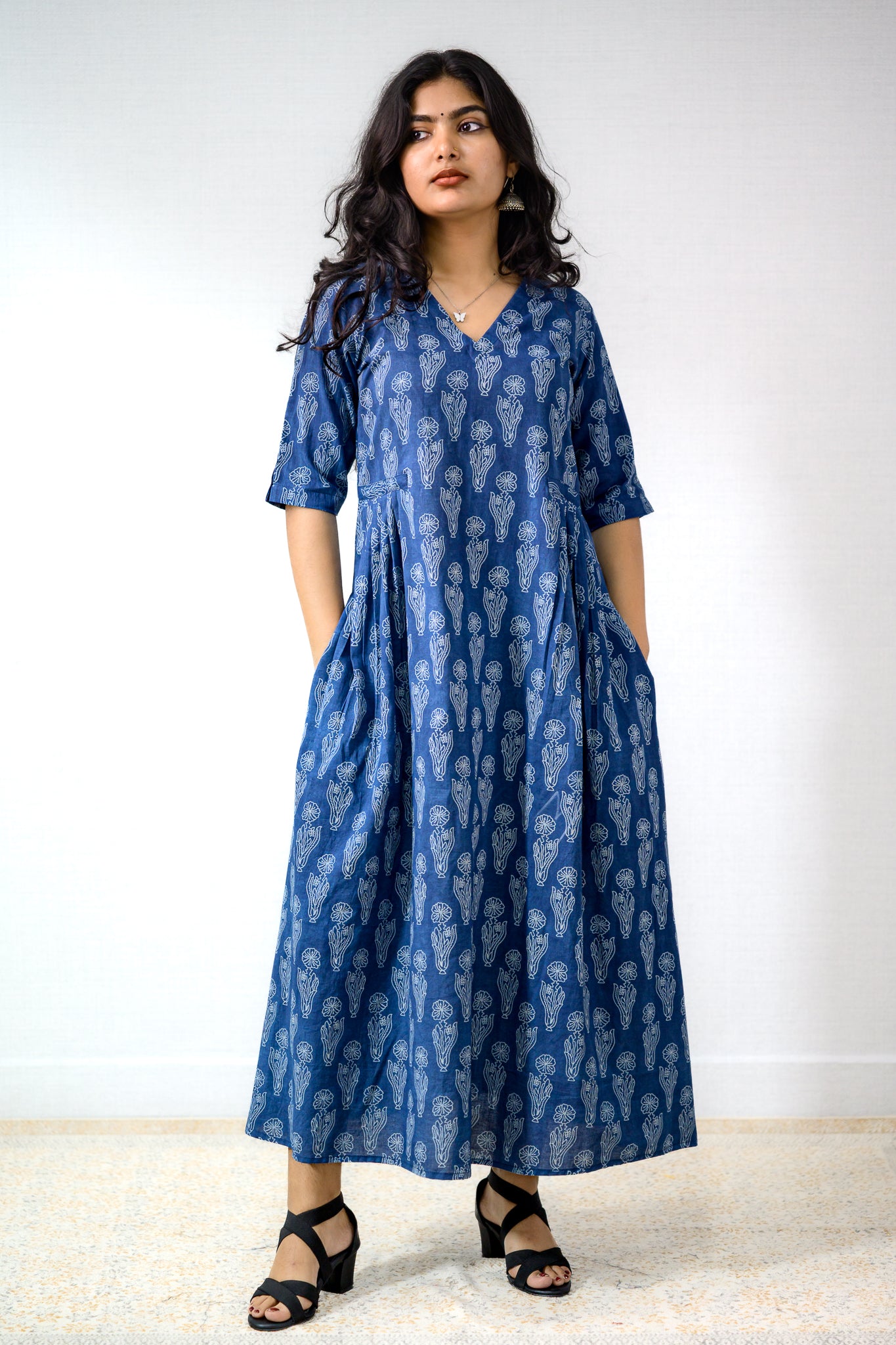 Iniya Indigo Dabu Cotton Side Pleated Dress with Pockets- Lobha