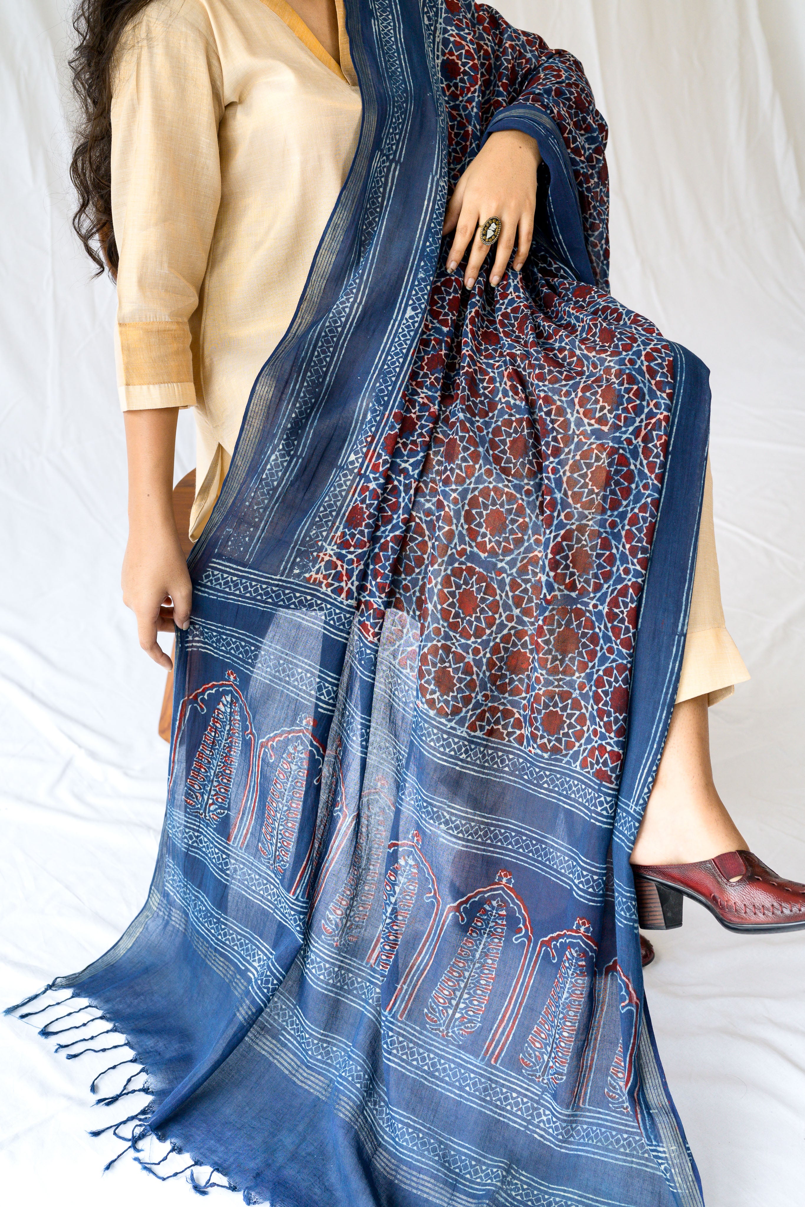 Dark Indigo Blue Floral Ajrakh Pure Cotton Dupatta