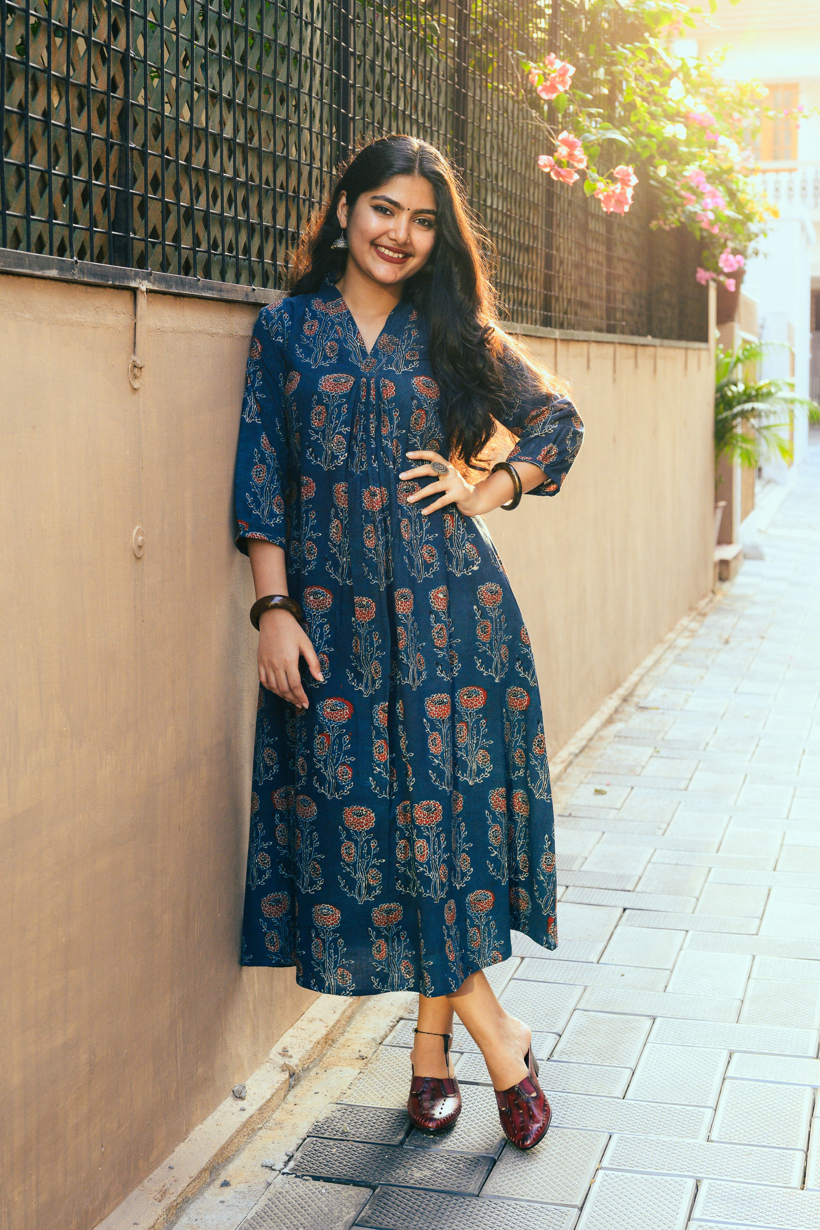 Indigo Blue Gulabo Ajrakh Cotton Pleated Summer Dress- Lobha Deepthis