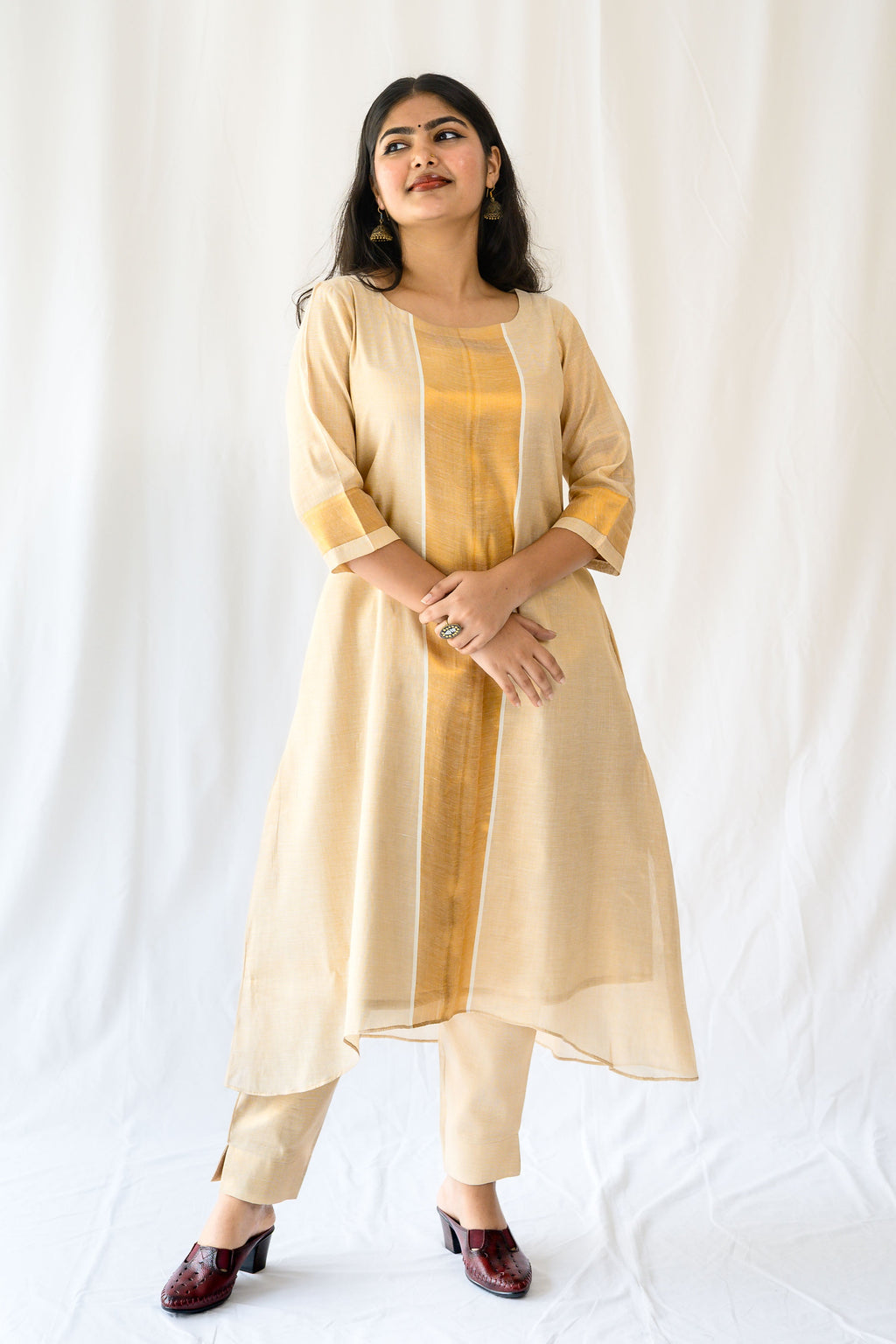 Kasavu Elegance Antique Gold High Low Tissue Kurta
