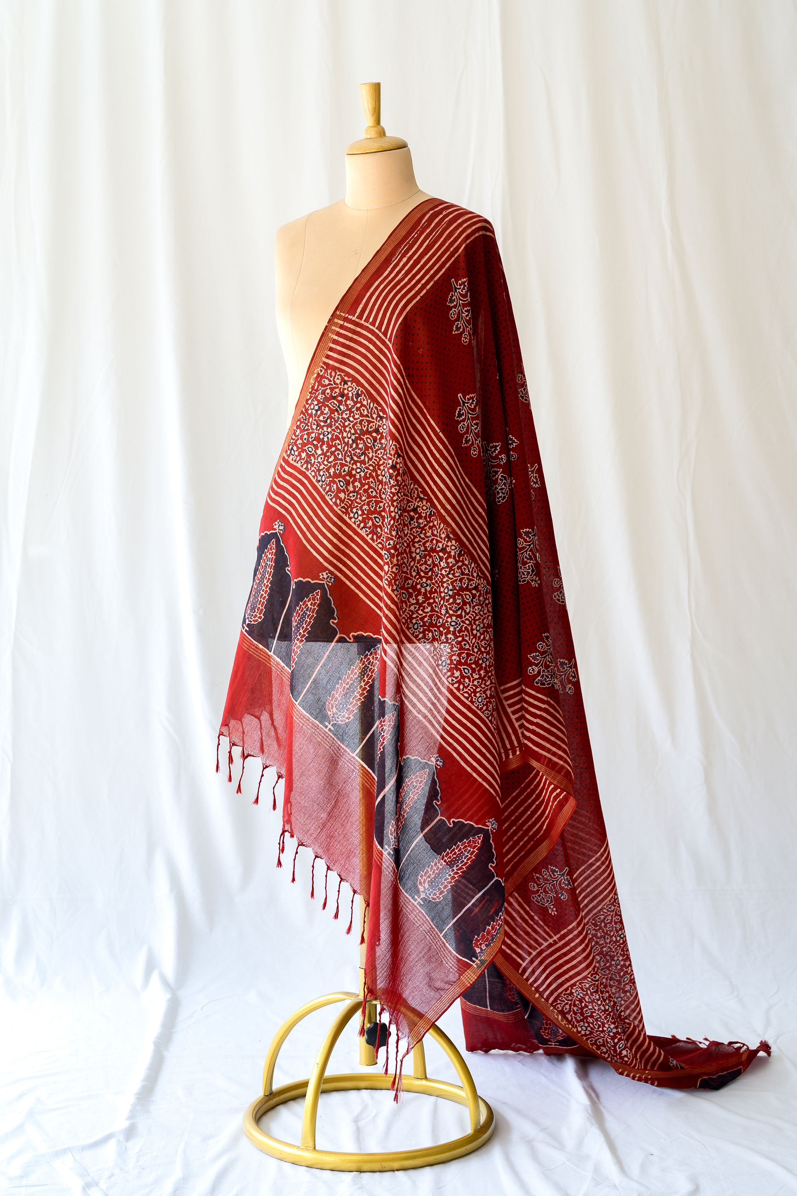 Madder Red Pine Floral Ajrakh Pure Cotton Dupatta