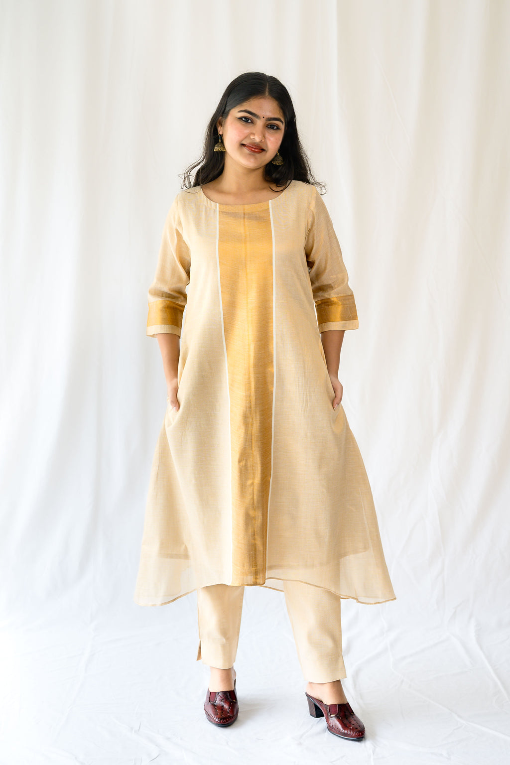 Kasavu Elegance Antique Gold High Low Tissue Kurta