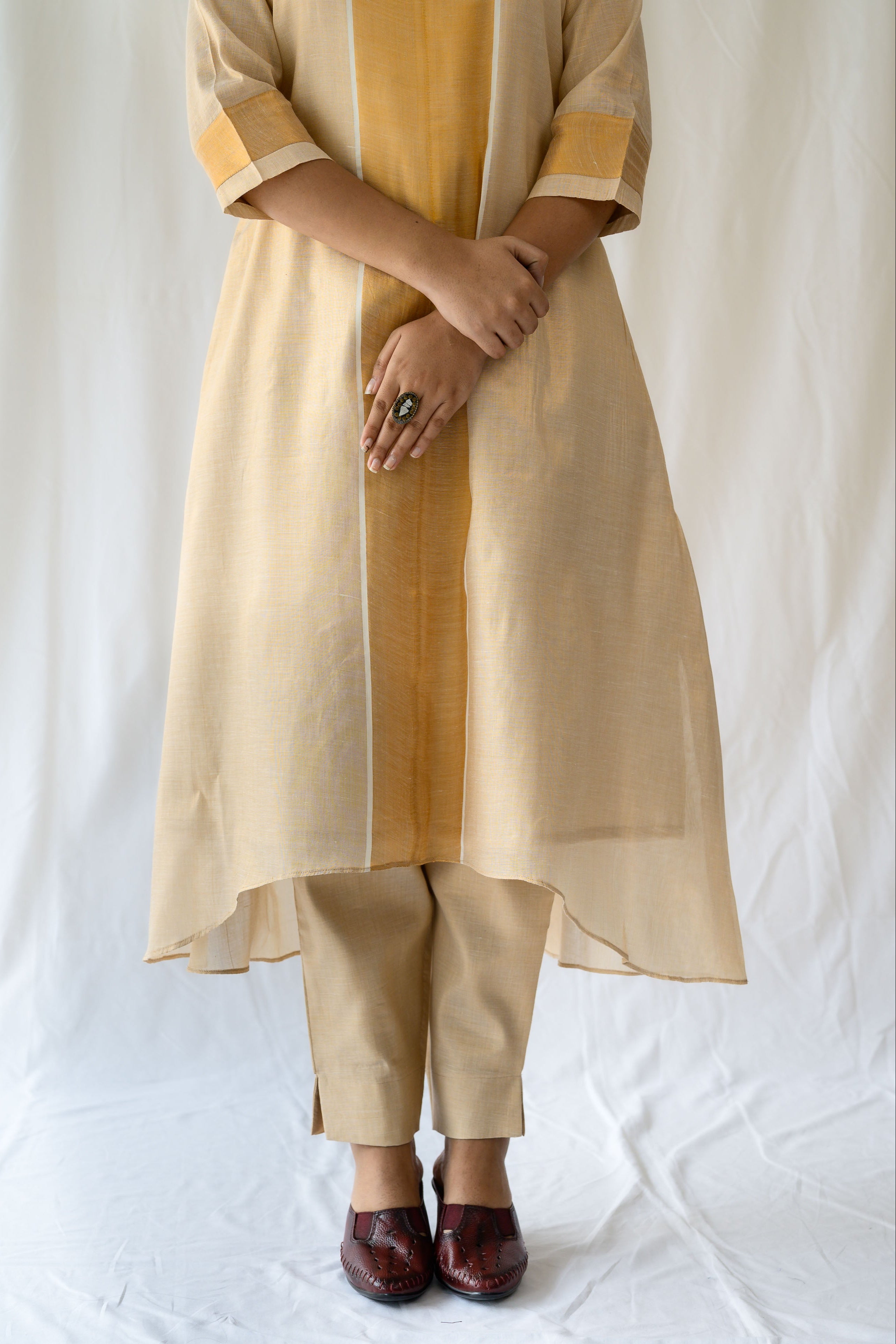 Kasavu Elegance Antique Gold High Low Tissue Kurta