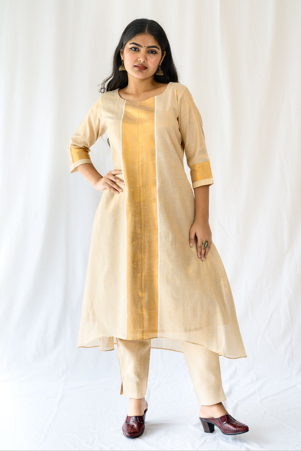 Kasavu Elegance Antique Gold High Low Tissue Kurta