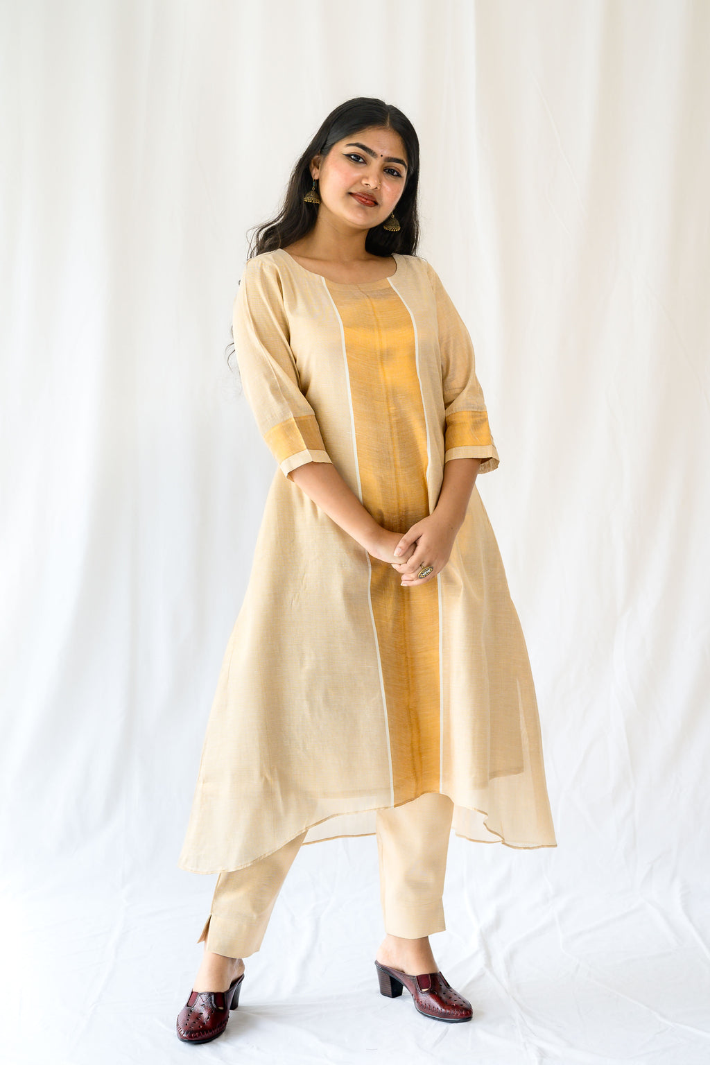 Kasavu Elegance Antique Gold High Low Tissue Kurta
