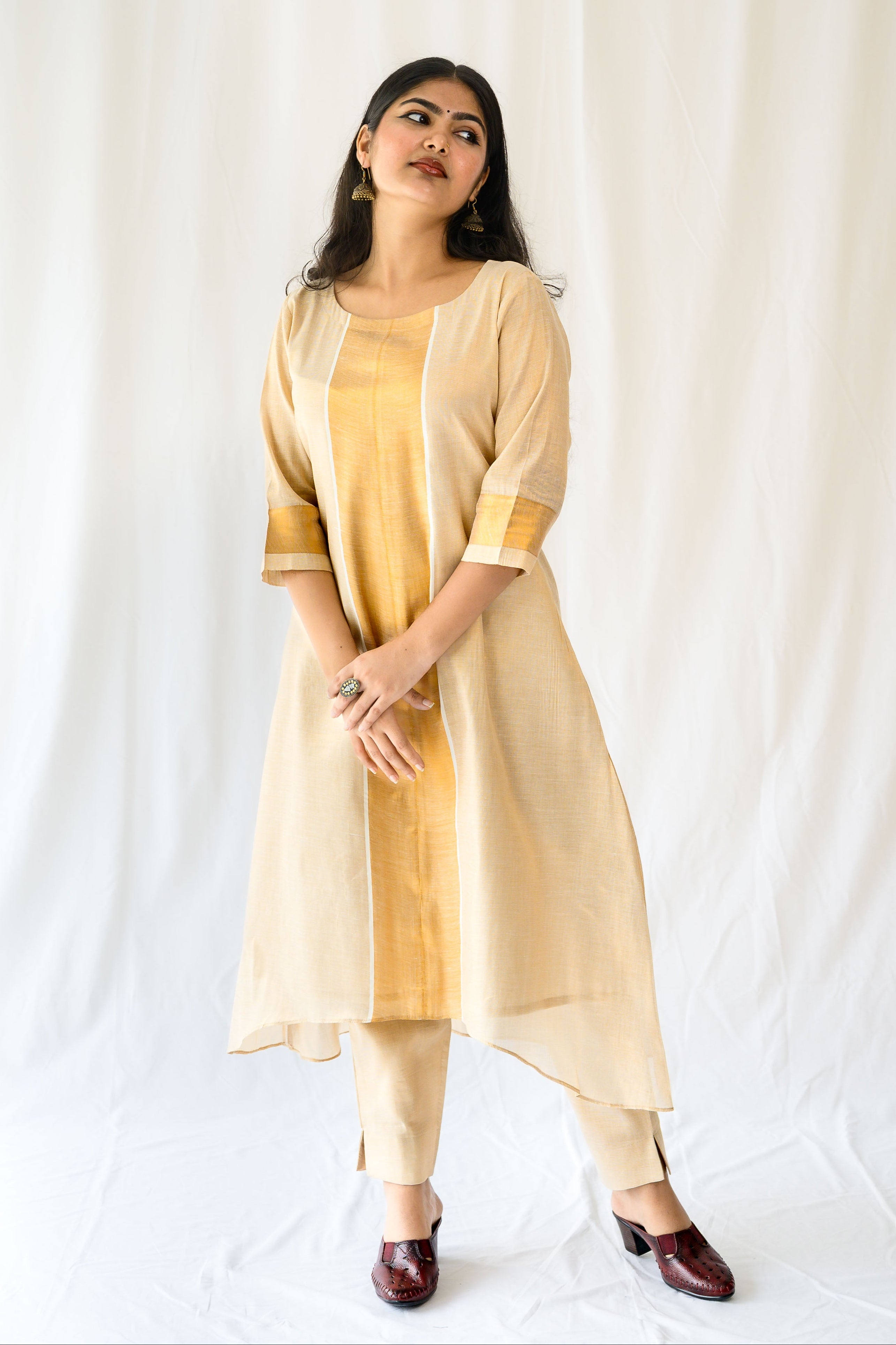 Kasavu Elegance Antique Gold High Low Tissue Kurta