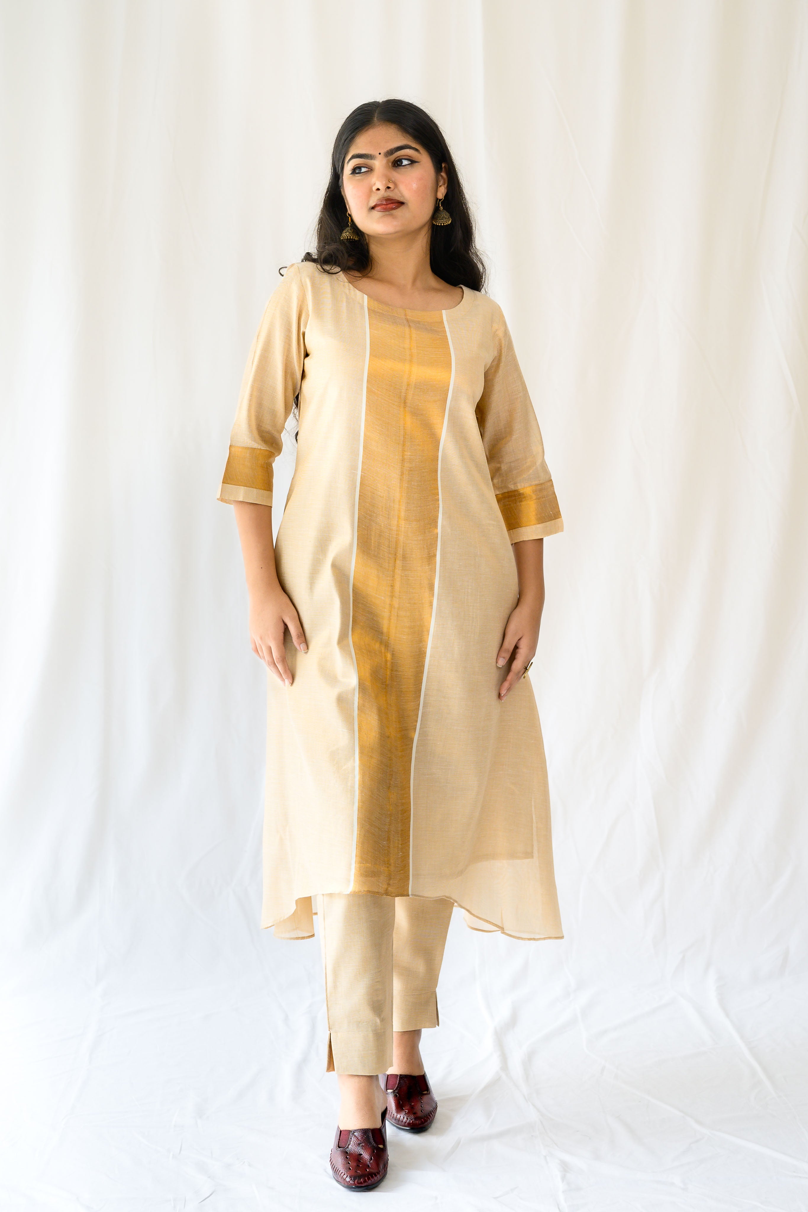 Kasavu Elegance Antique Gold High Low Tissue Kurta