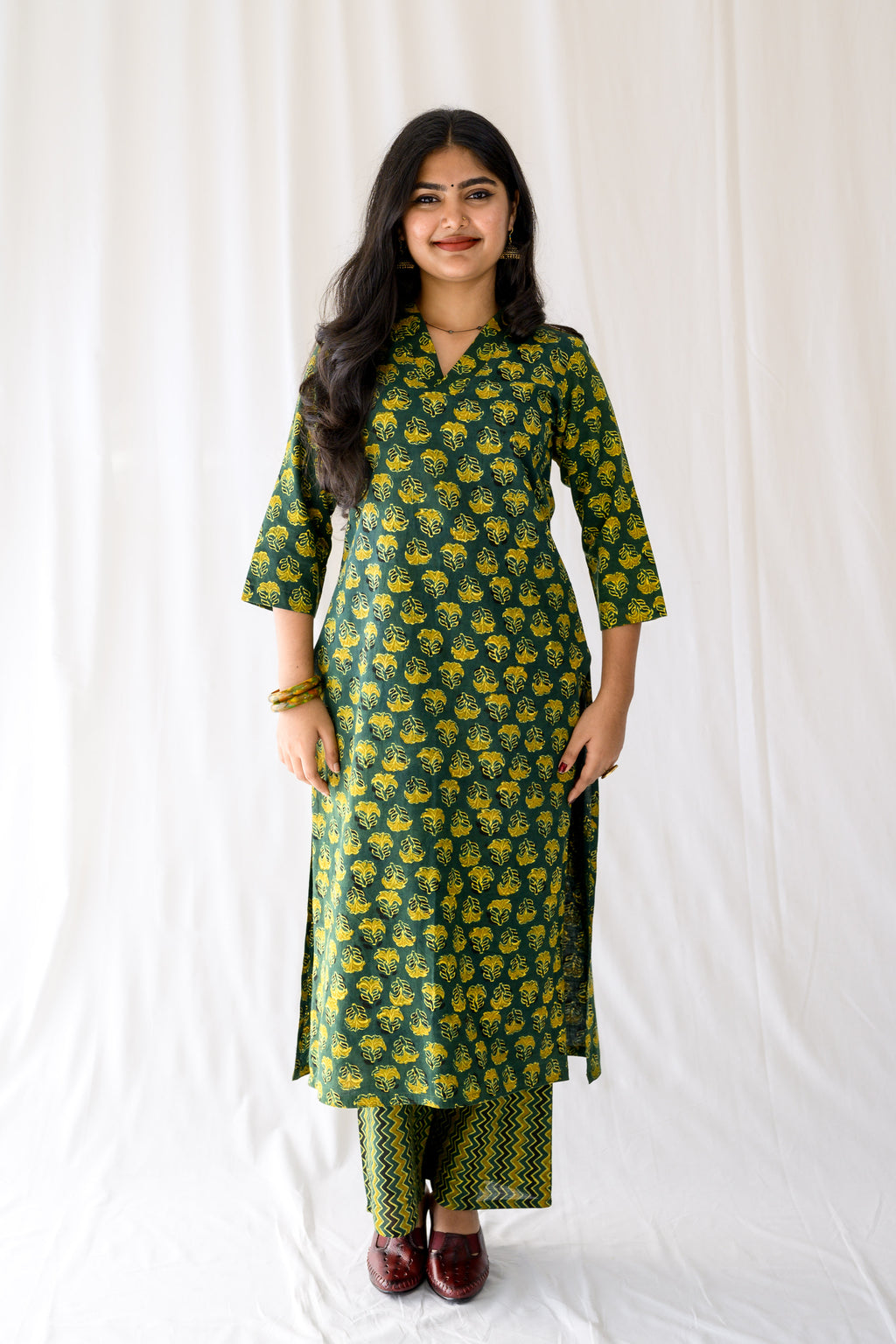 Nargis Bottle Green Ajrakh Kurta