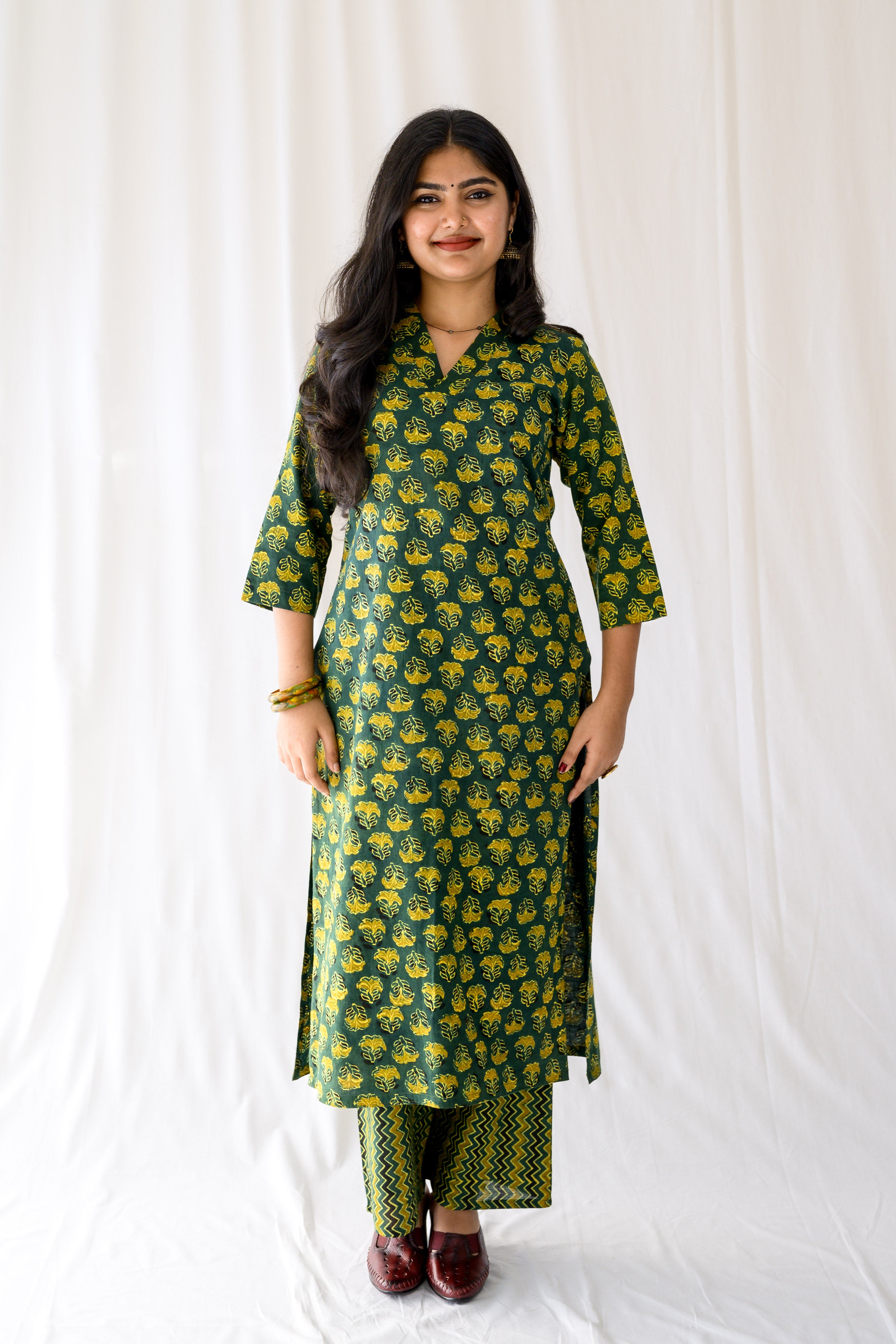 Nargis Bottle Green Ajrakh Kurta