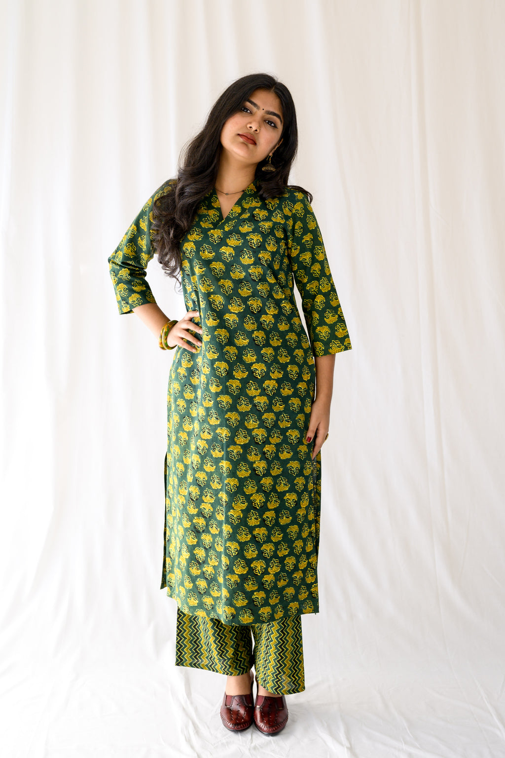 Nargis Bottle Green Ajrakh Kurta