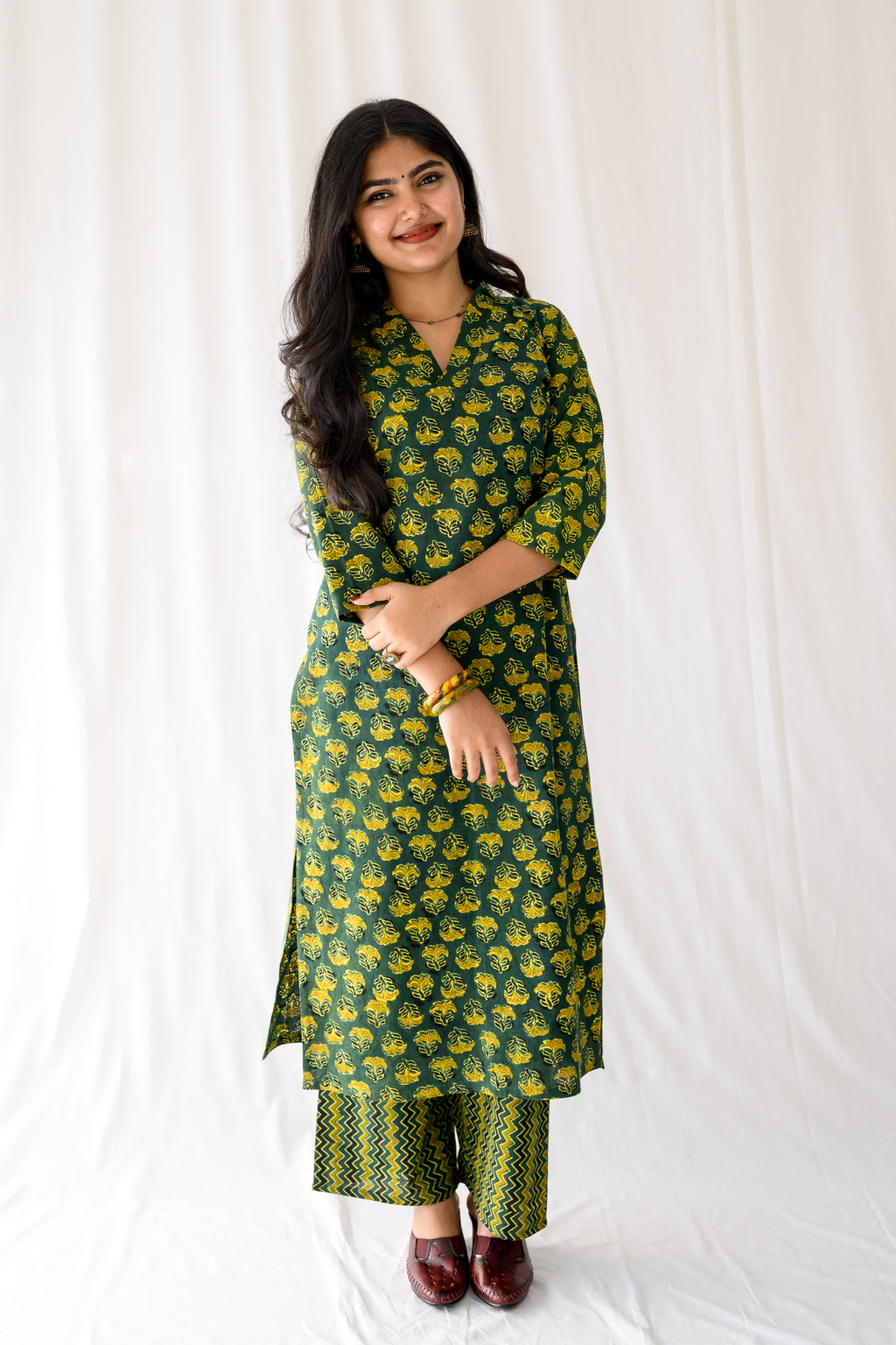 Nargis Bottle Green Ajrakh Kurta