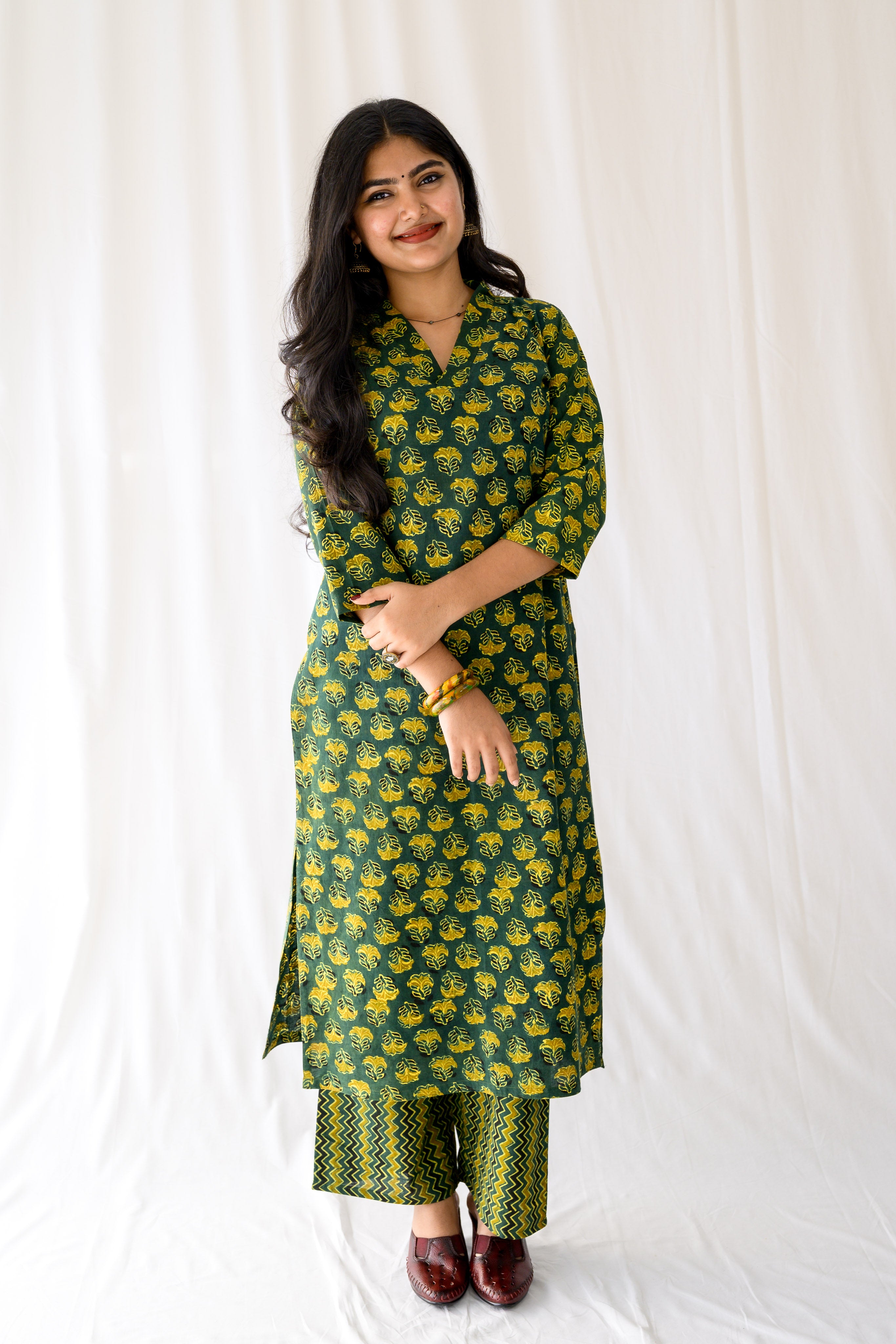 Nargis Bottle Green Ajrakh Kurta
