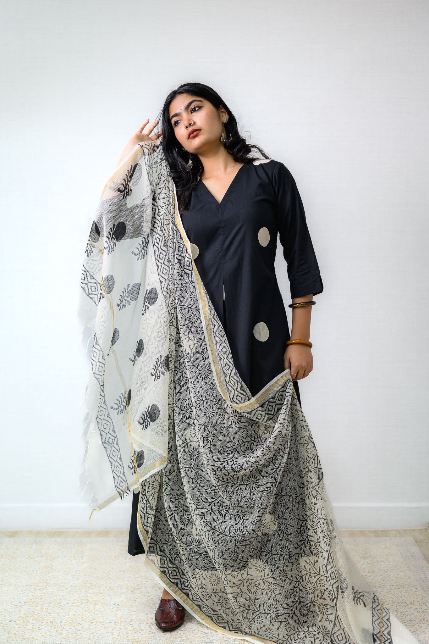 Set of 2- Polka Loca Black Box Pleated Kurtas & Pants