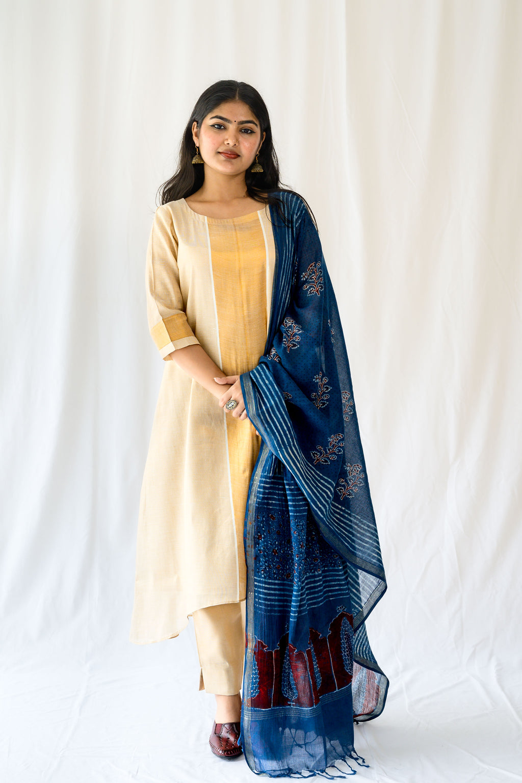 Kasavu Elegance Antique Gold High Low Tissue Kurta