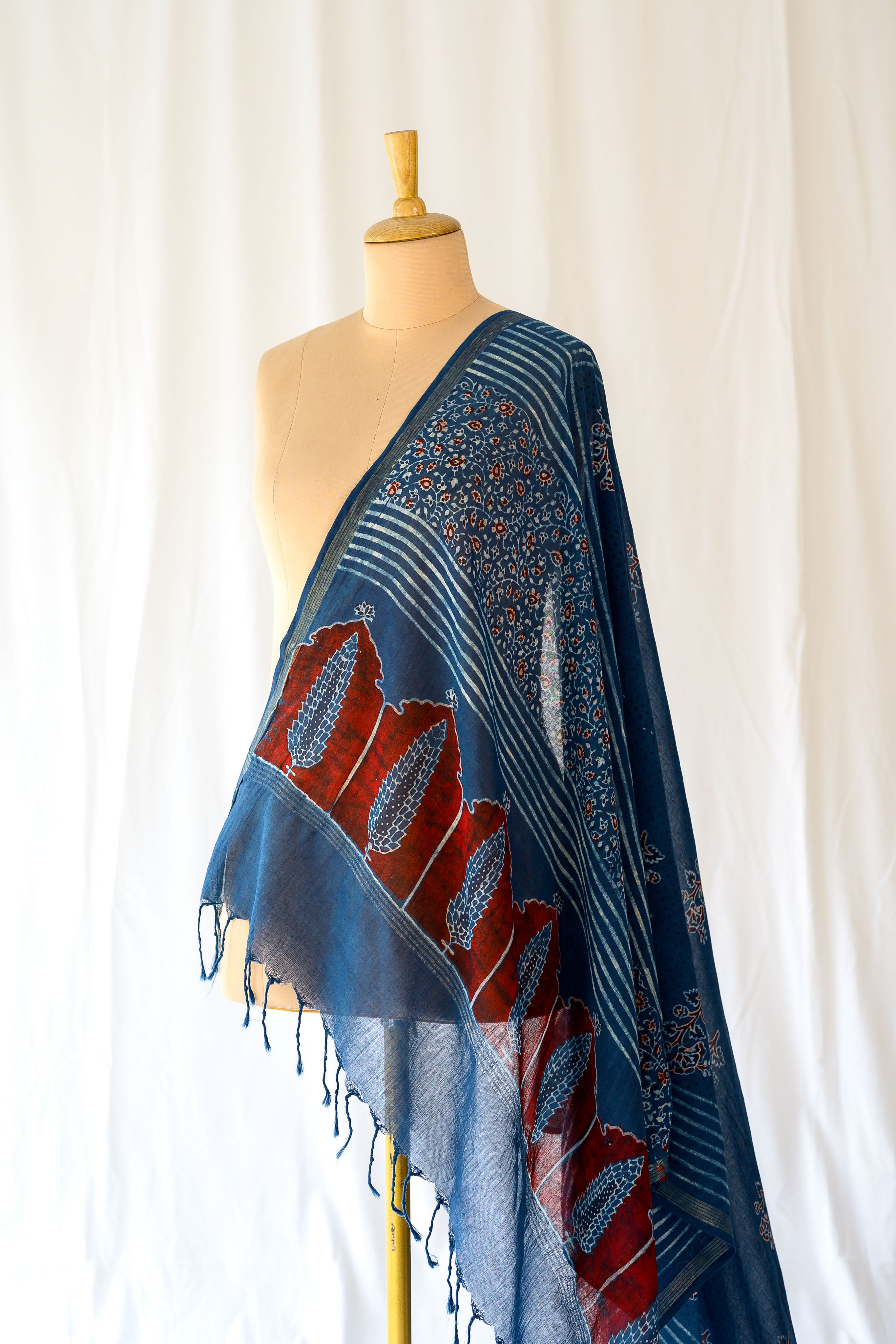 Indigo Pine Floral Ajrakh Pure Cotton Dupatta