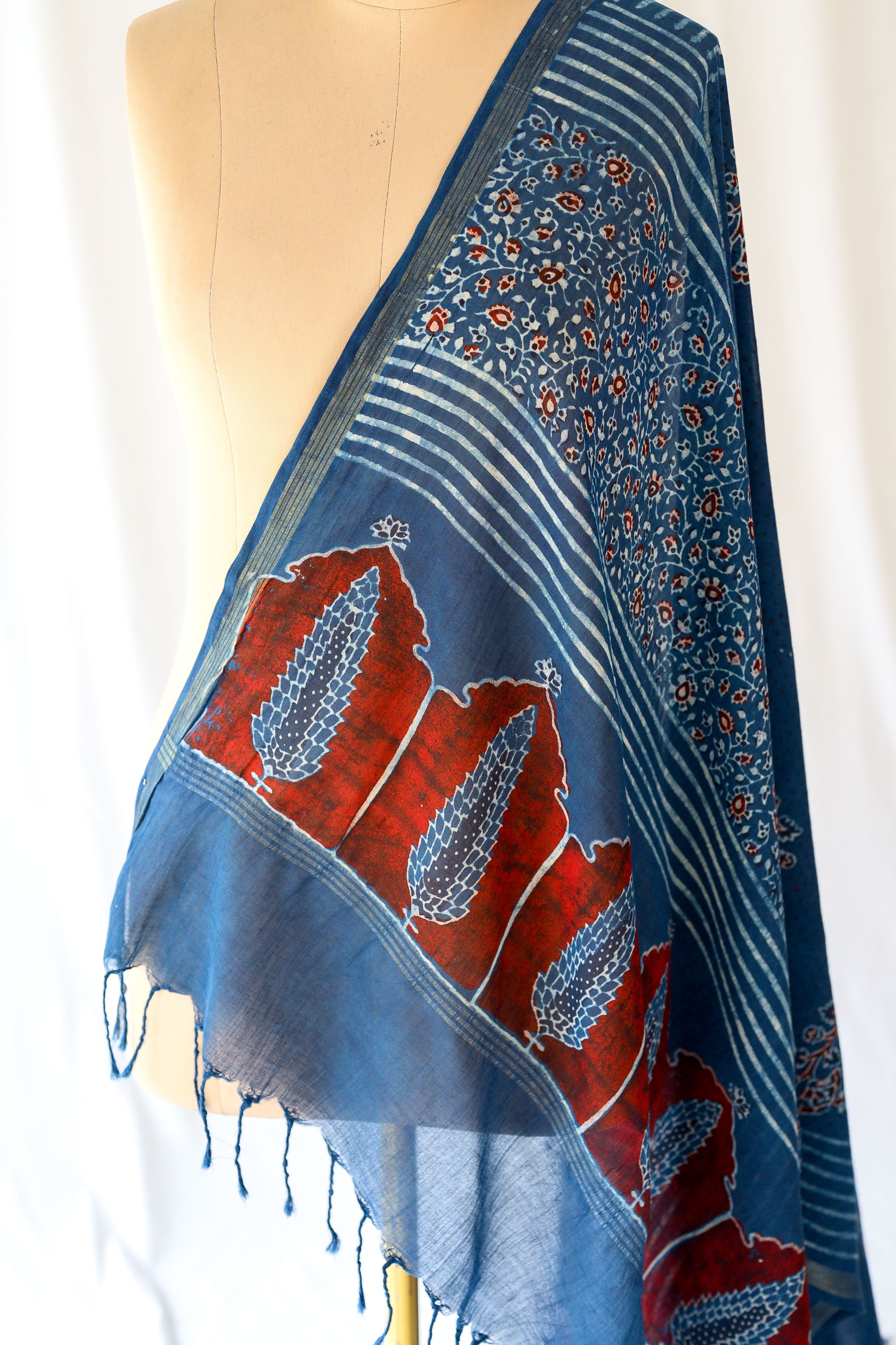 Indigo Pine Floral Ajrakh Pure Cotton Dupatta