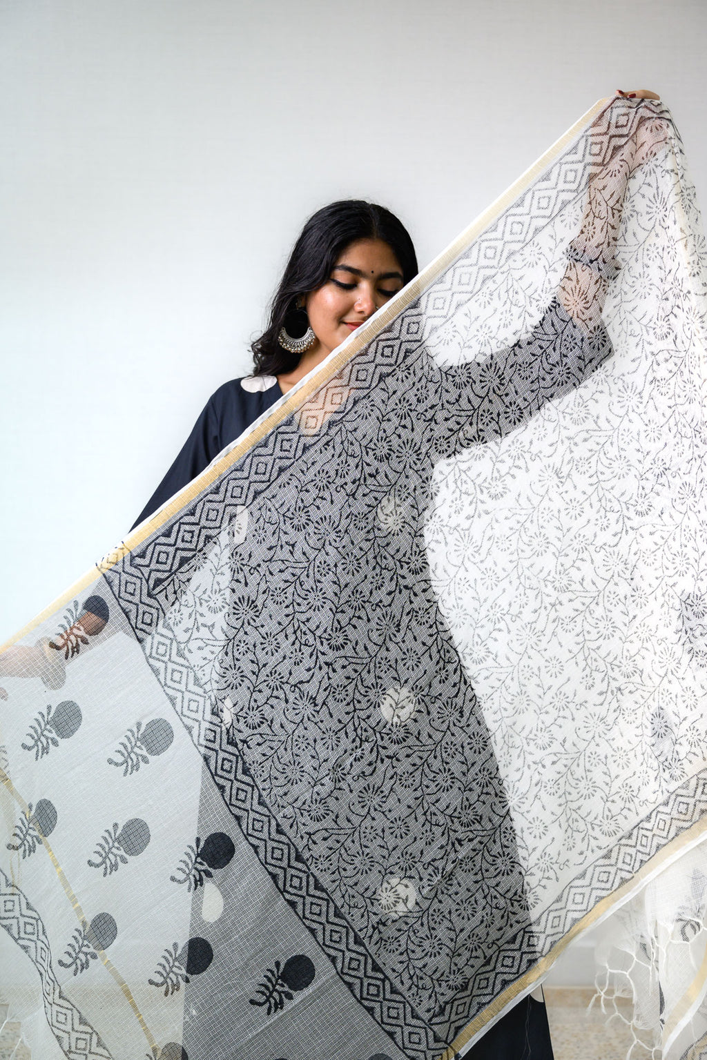 Black on White Sanganeri Florals Kota Doria Dupatta