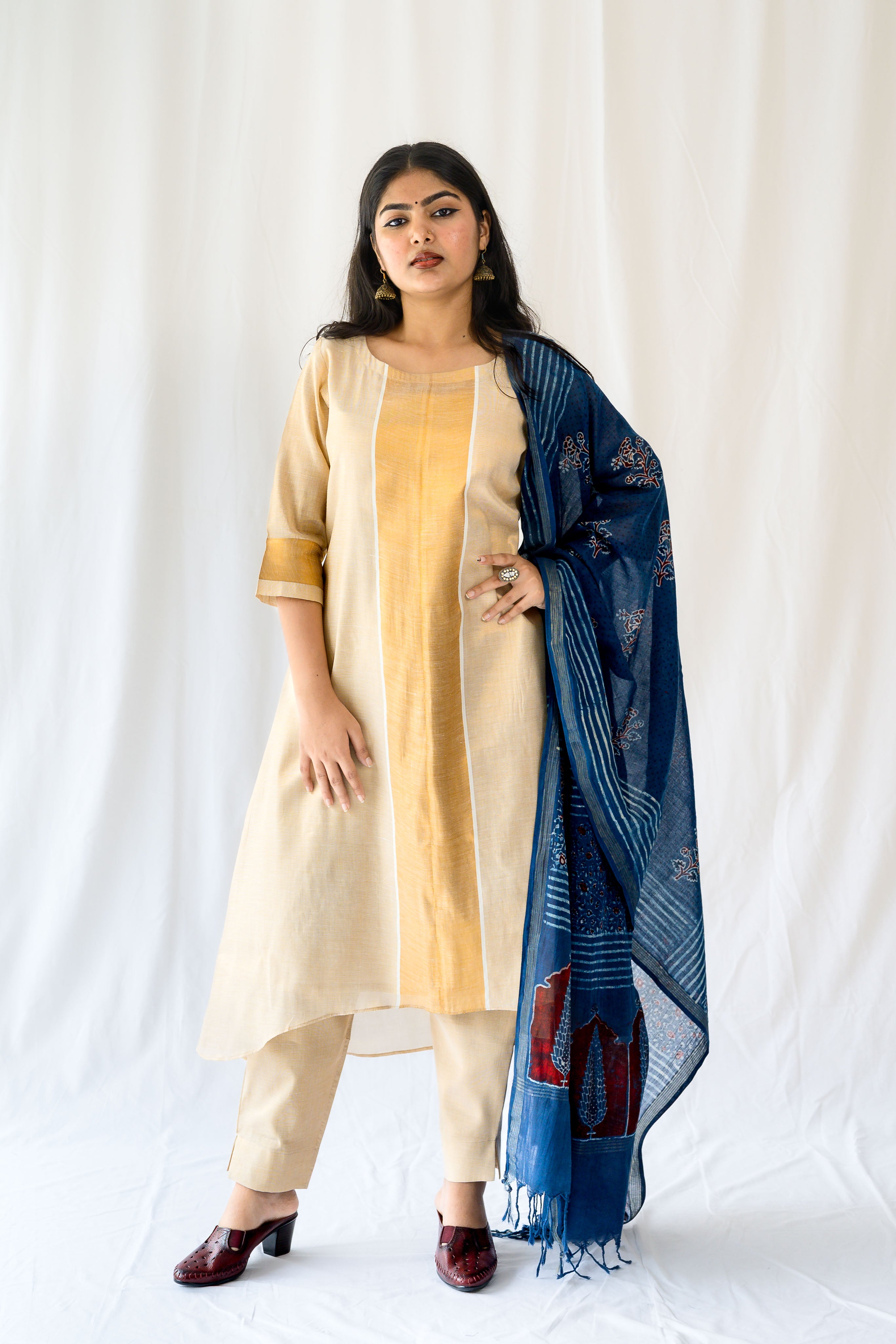Kasavu Elegance Antique Gold High Low Tissue Kurta