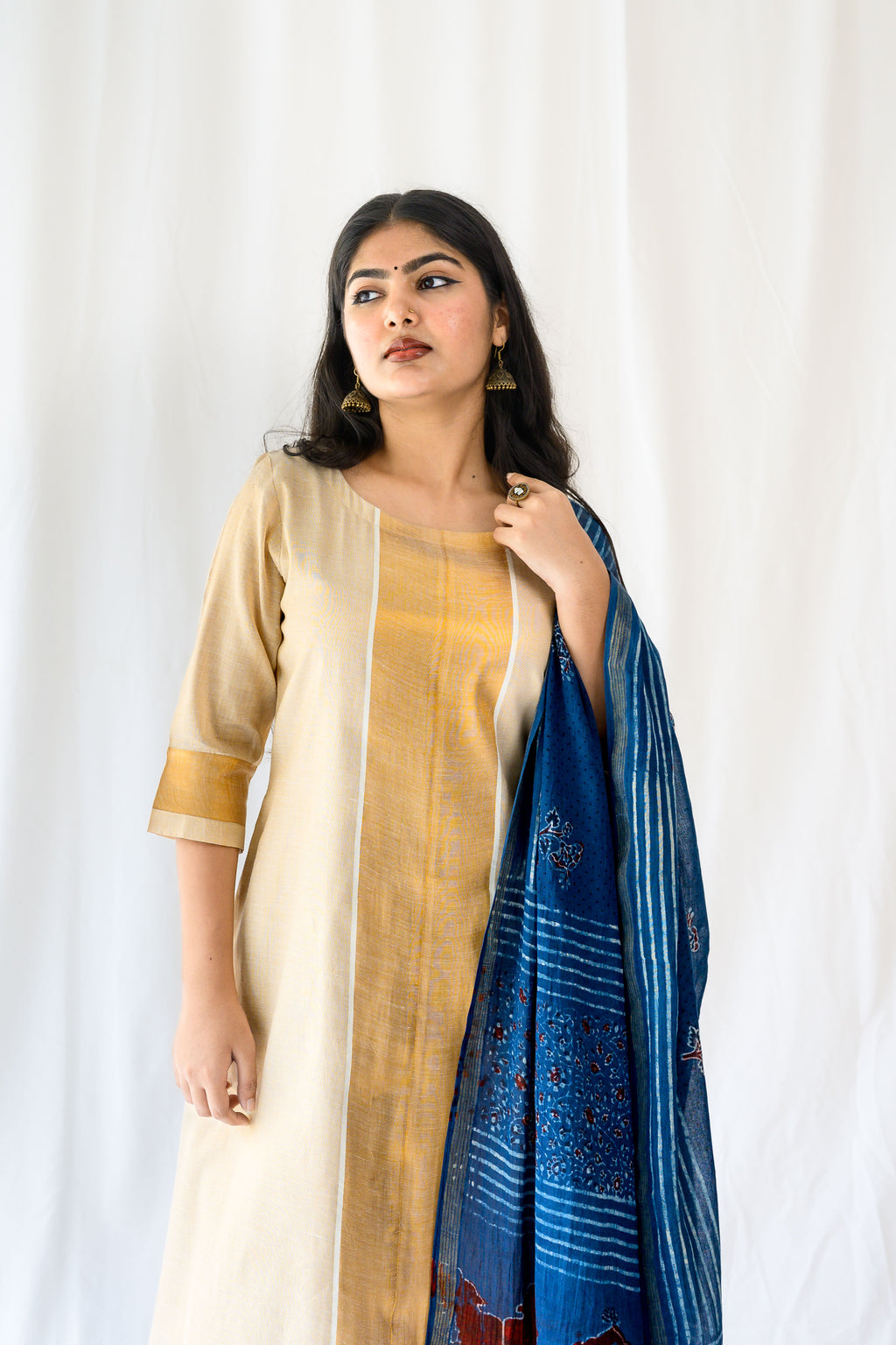 Kasavu Elegance Antique Gold High Low Tissue Kurta