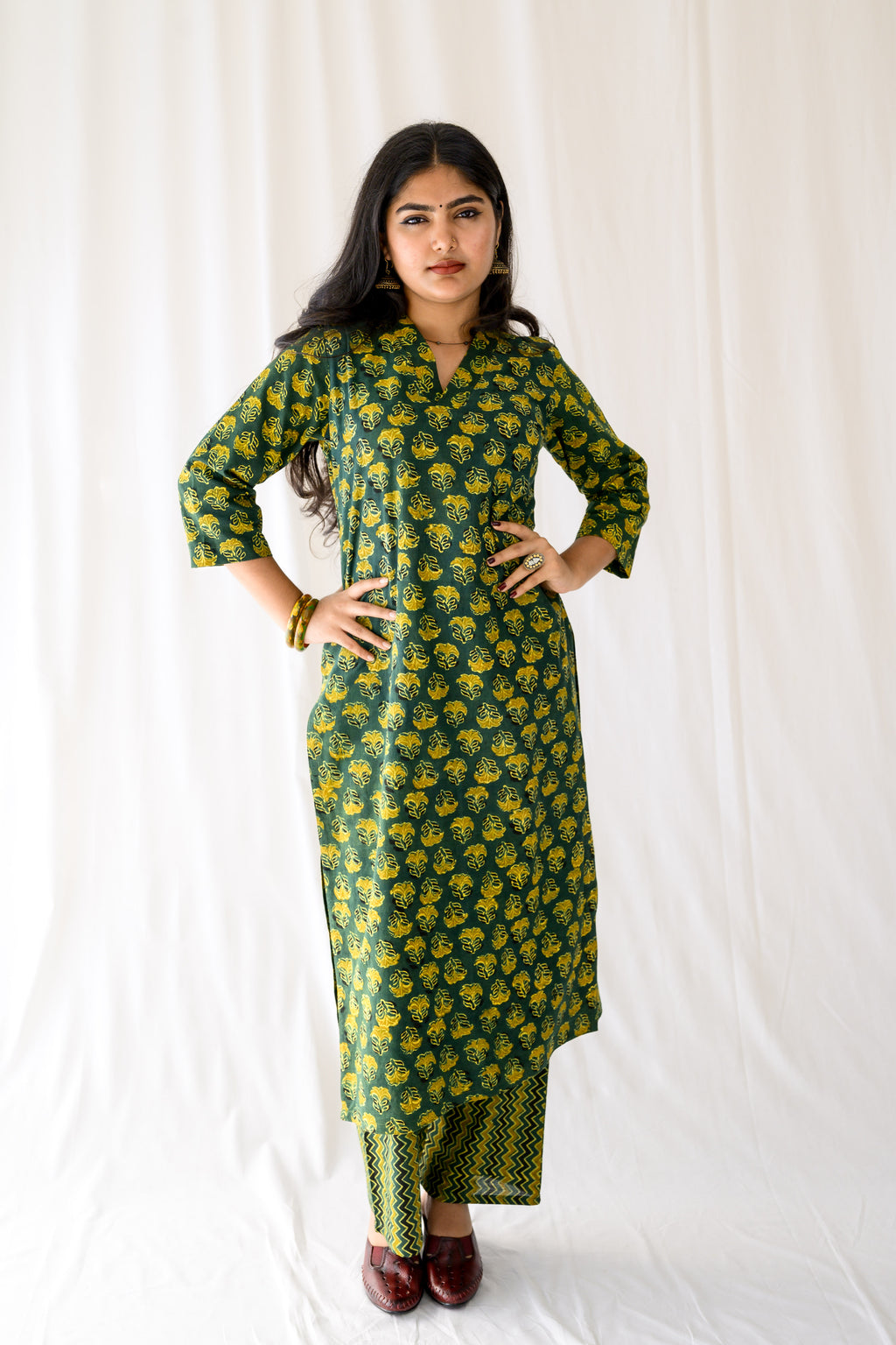 Nargis Bottle Green Ajrakh Kurta