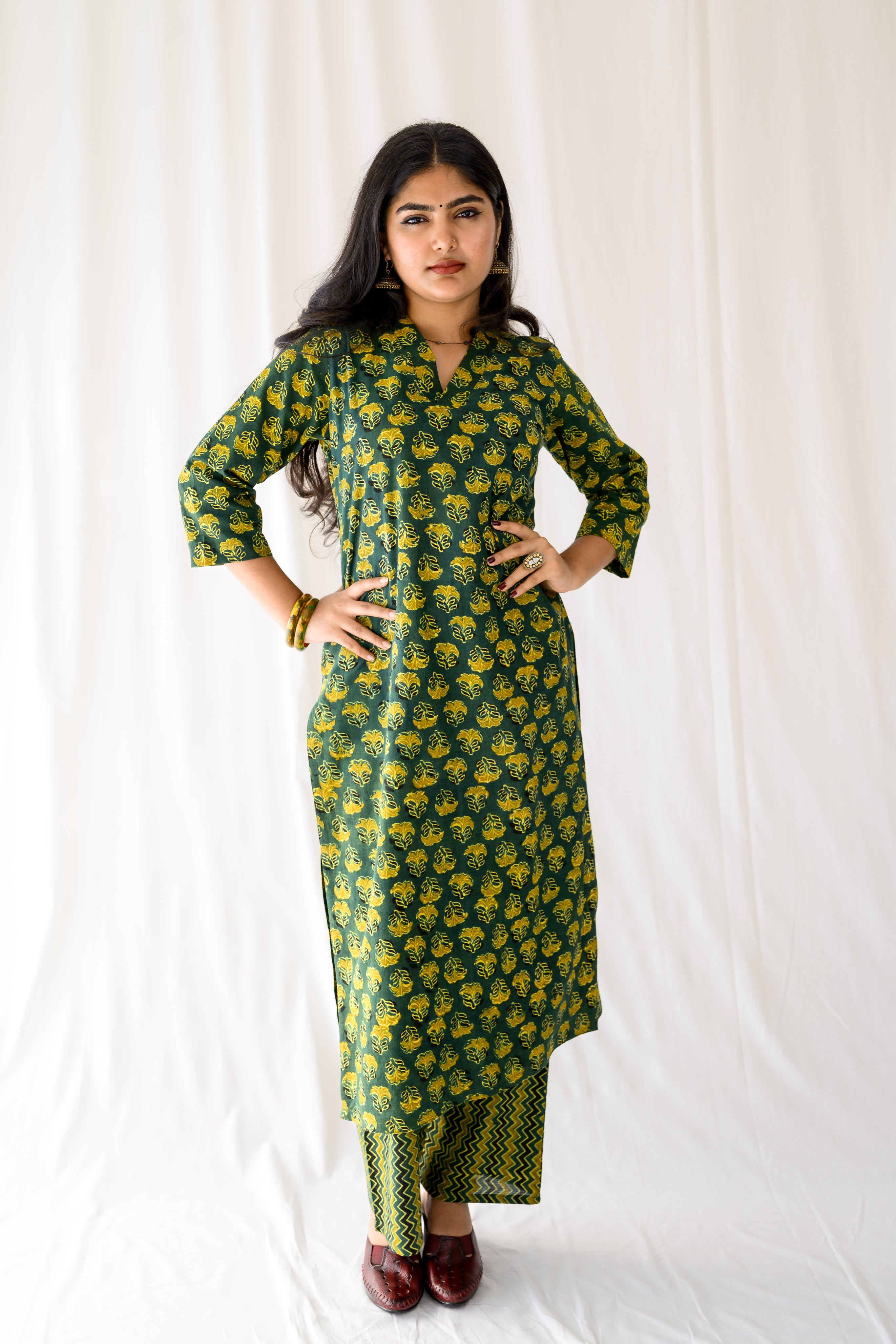 Nargis Bottle Green Ajrakh Kurta