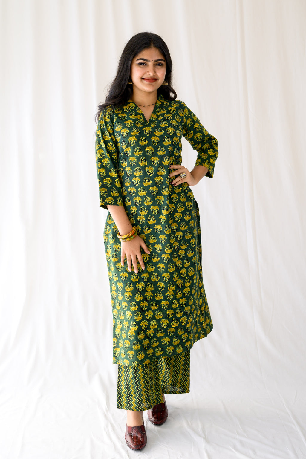 Nargis Bottle Green Ajrakh Kurta
