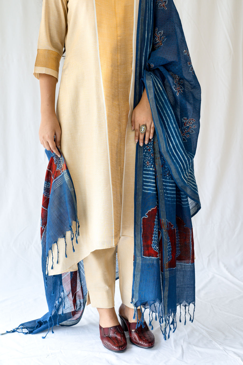 Kasavu Elegance Antique Gold High Low Tissue Kurta