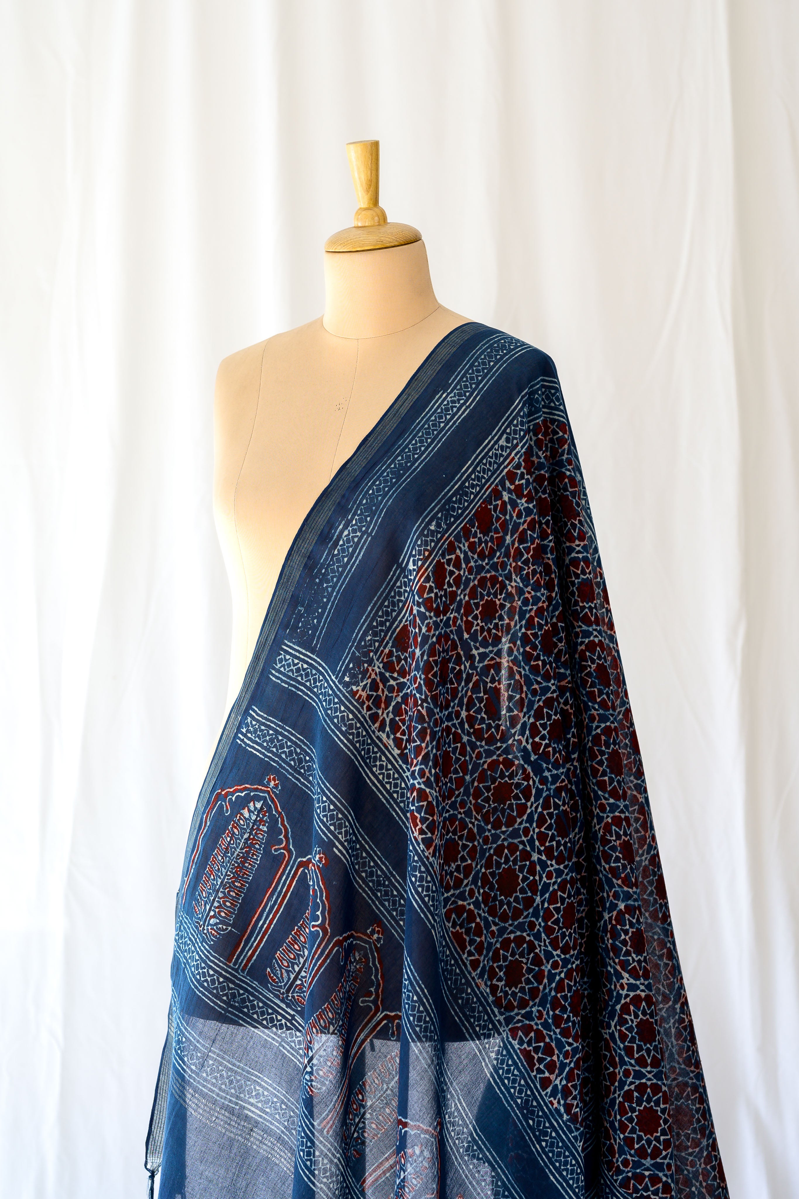 Dark Indigo Blue Floral Ajrakh Pure Cotton Dupatta
