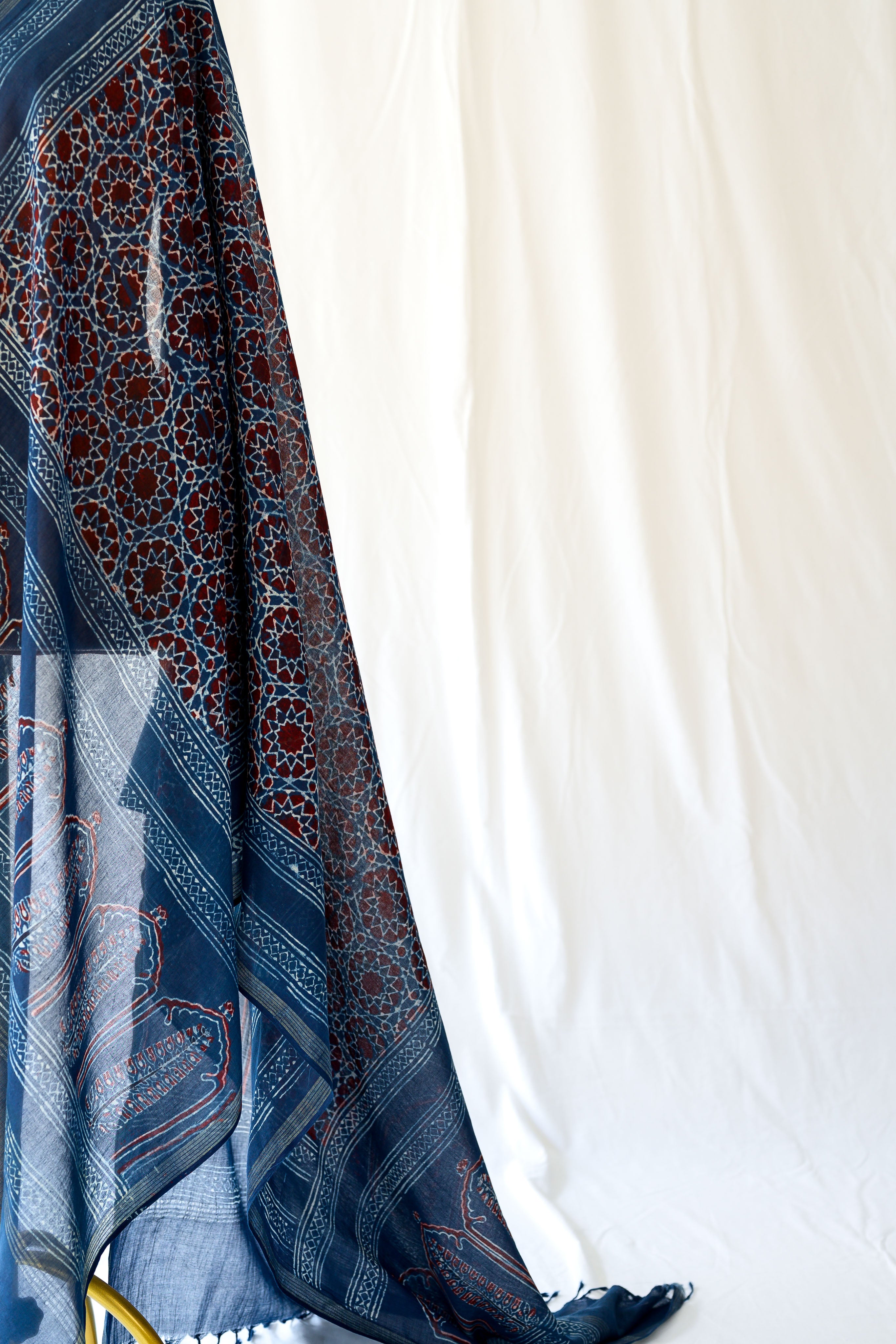 Dark Indigo Blue Floral Ajrakh Pure Cotton Dupatta