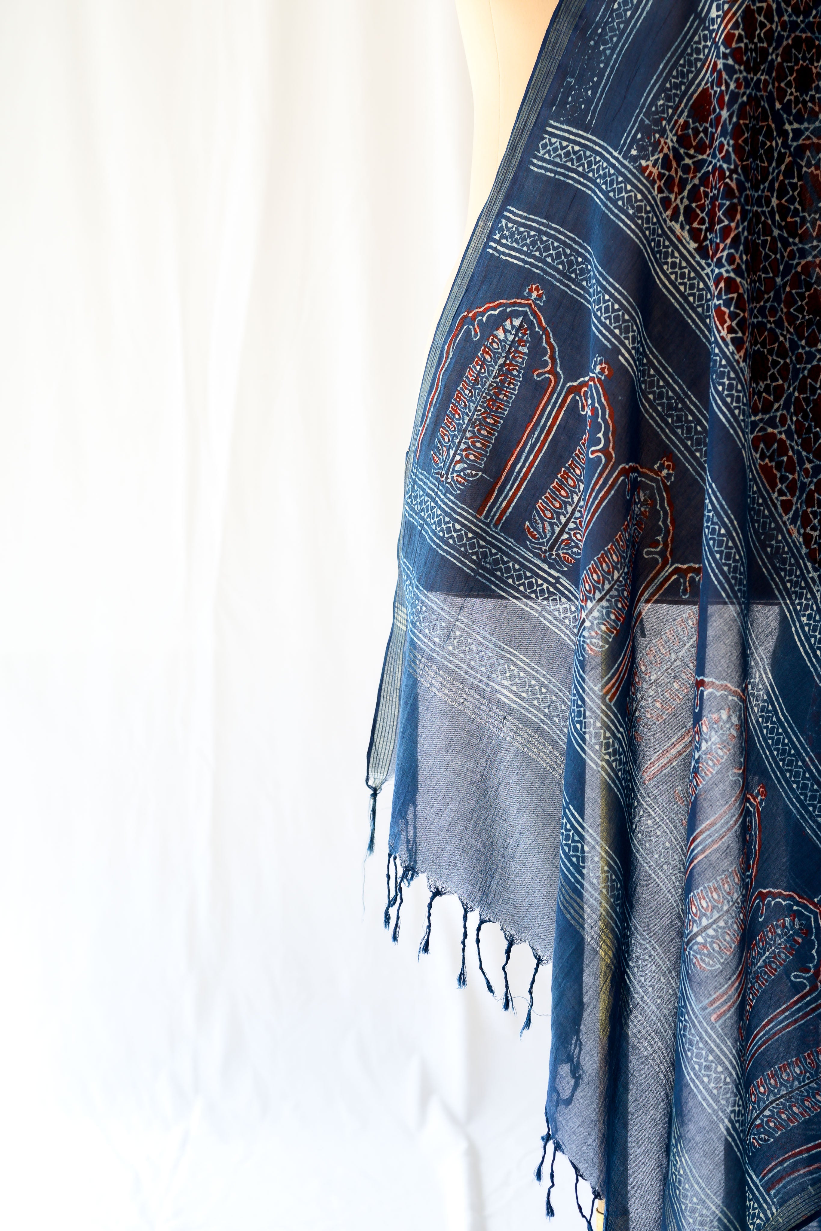 Dark Indigo Blue Floral Ajrakh Pure Cotton Dupatta