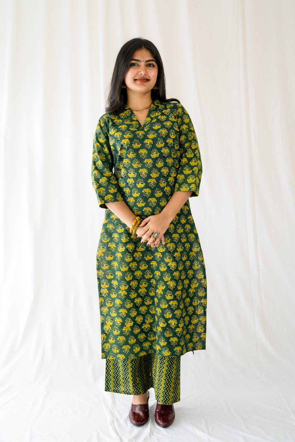 Nargis Bottle Green Ajrakh Kurta