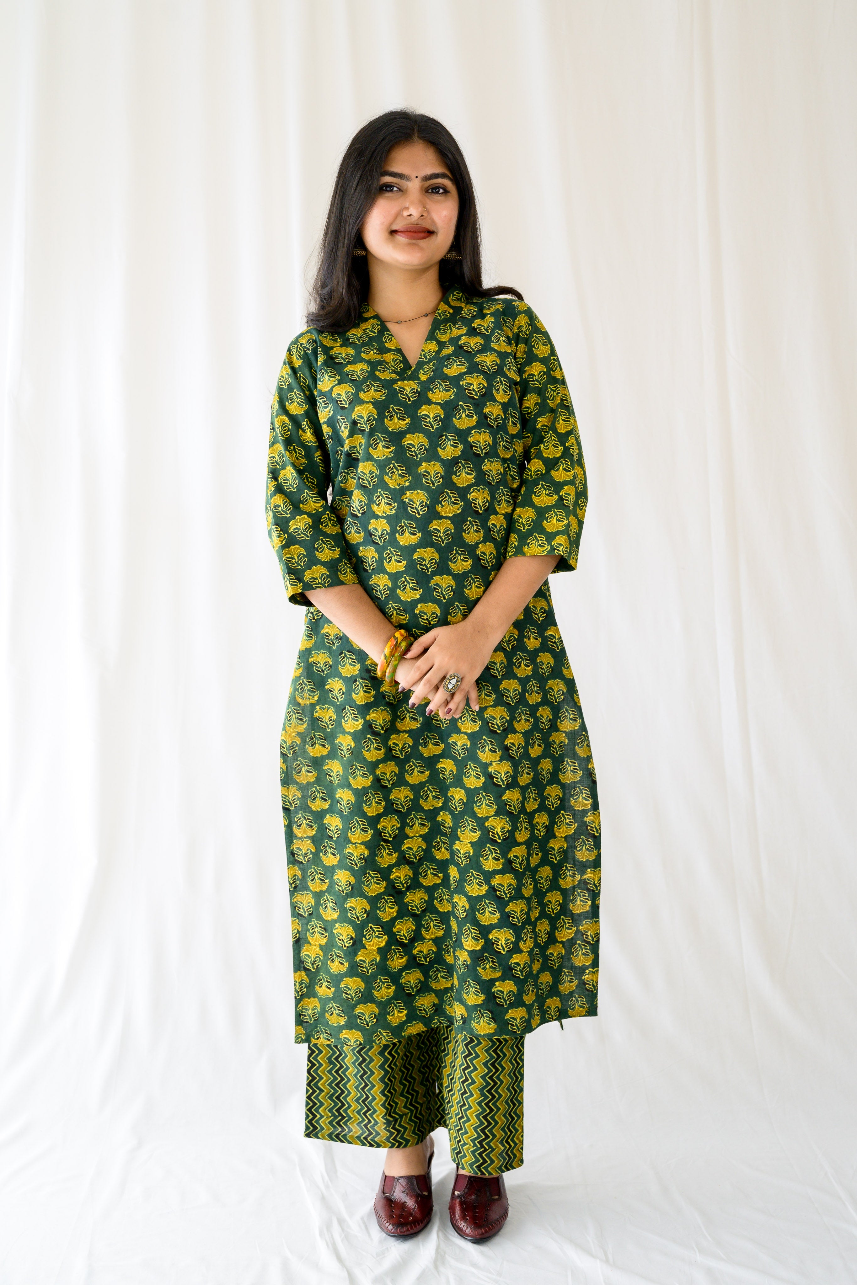 Nargis Bottle Green Ajrakh Kurta