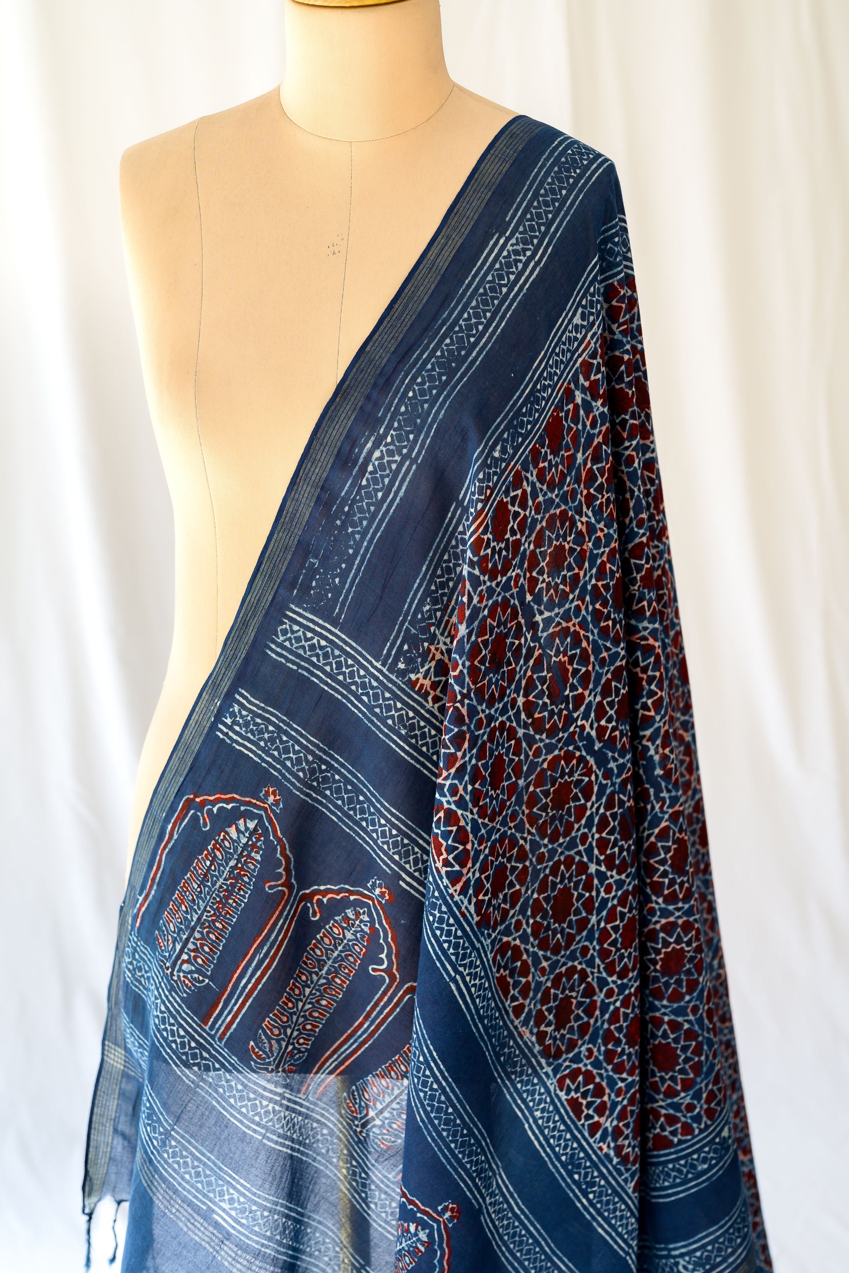 Dark Indigo Blue Floral Ajrakh Pure Cotton Dupatta