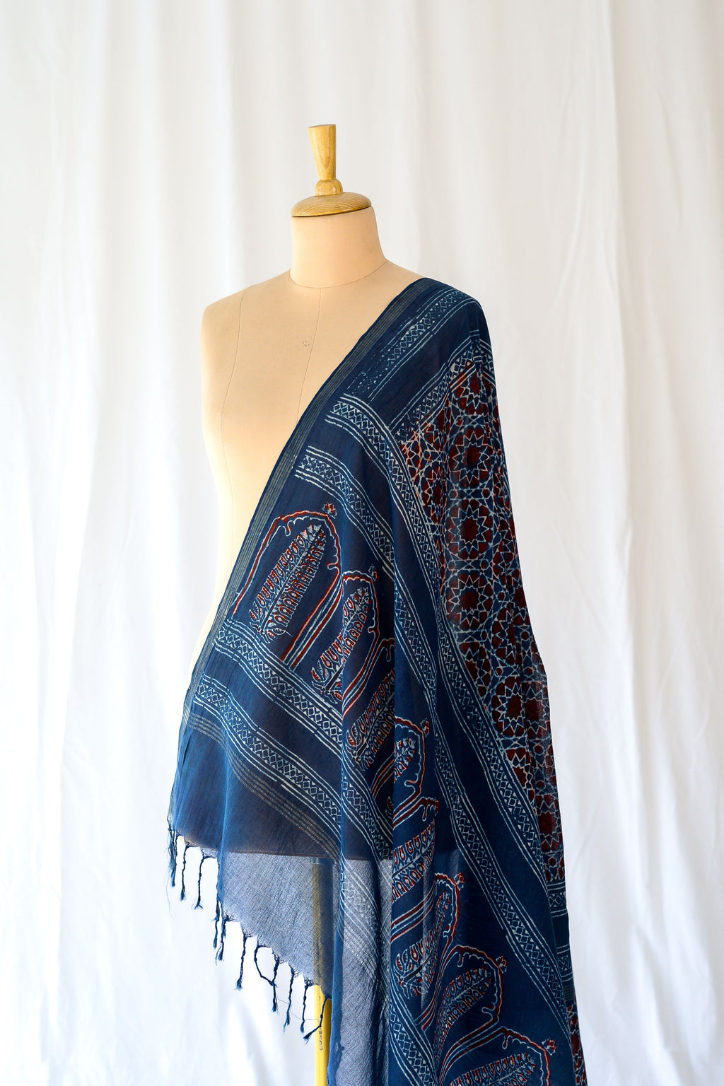 Dark Indigo Blue Floral Ajrakh Pure Cotton Dupatta