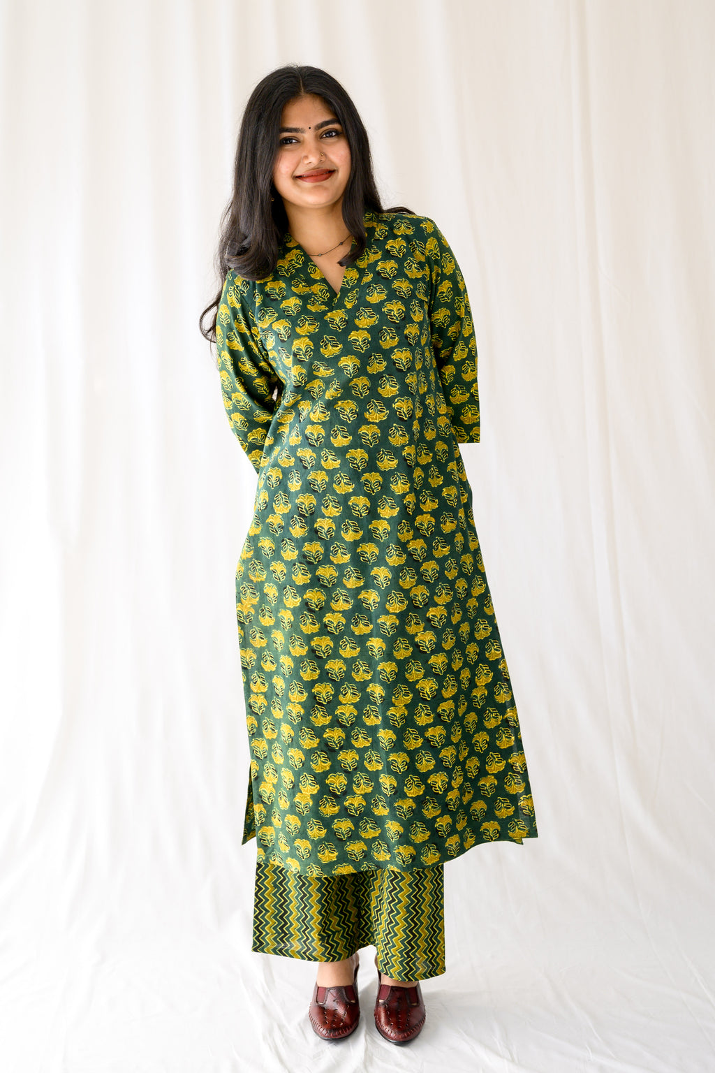 Nargis Bottle Green Ajrakh Kurta