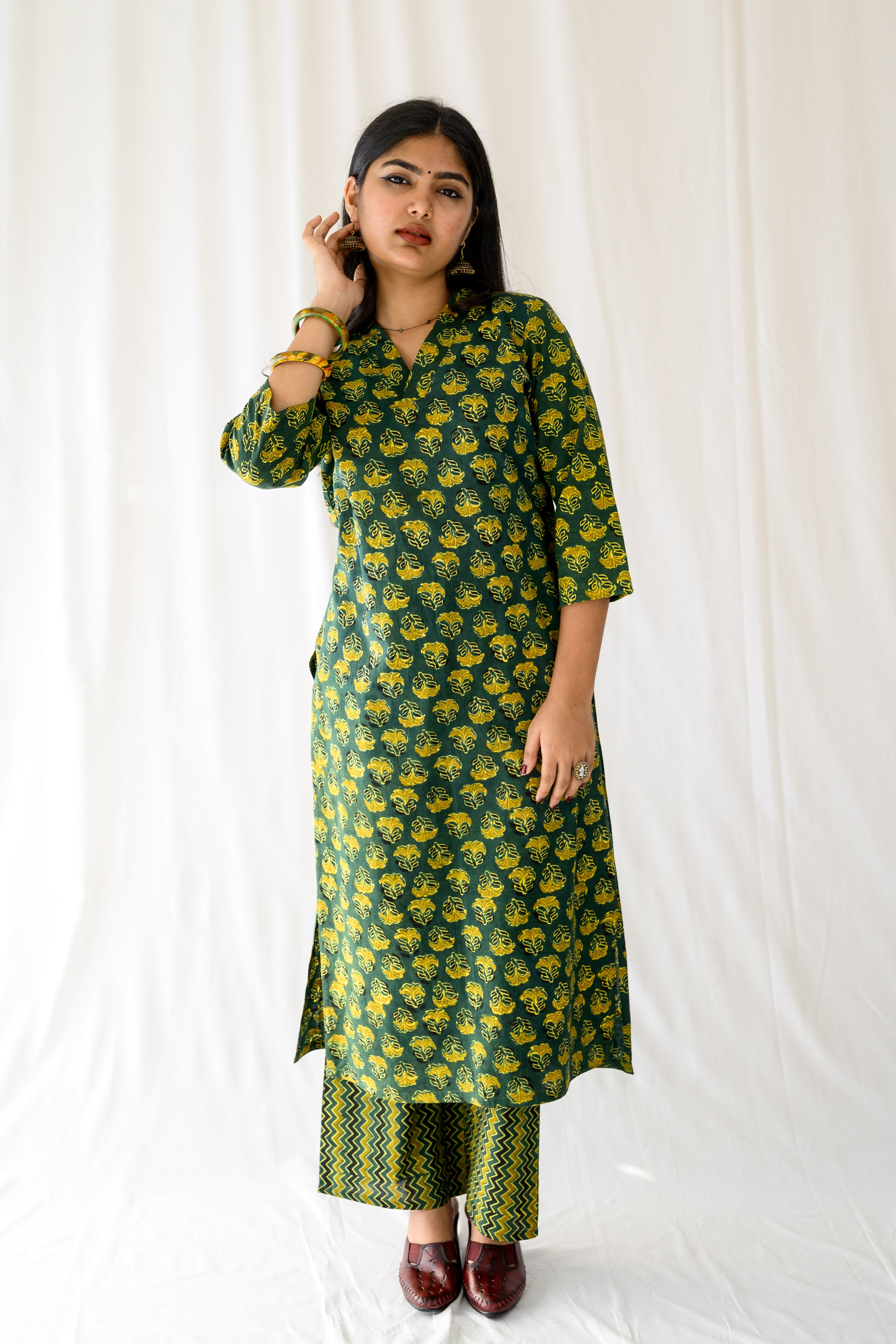 Nargis Bottle Green Ajrakh Kurta