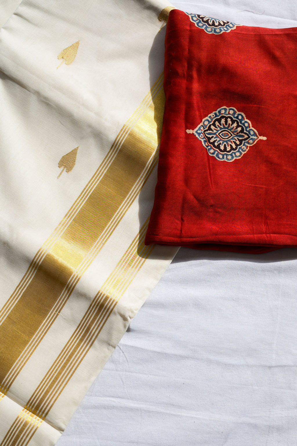 Golden Kasavu Butas Balaramapuram Handloom Saree with Modal Ajrakh Blouse