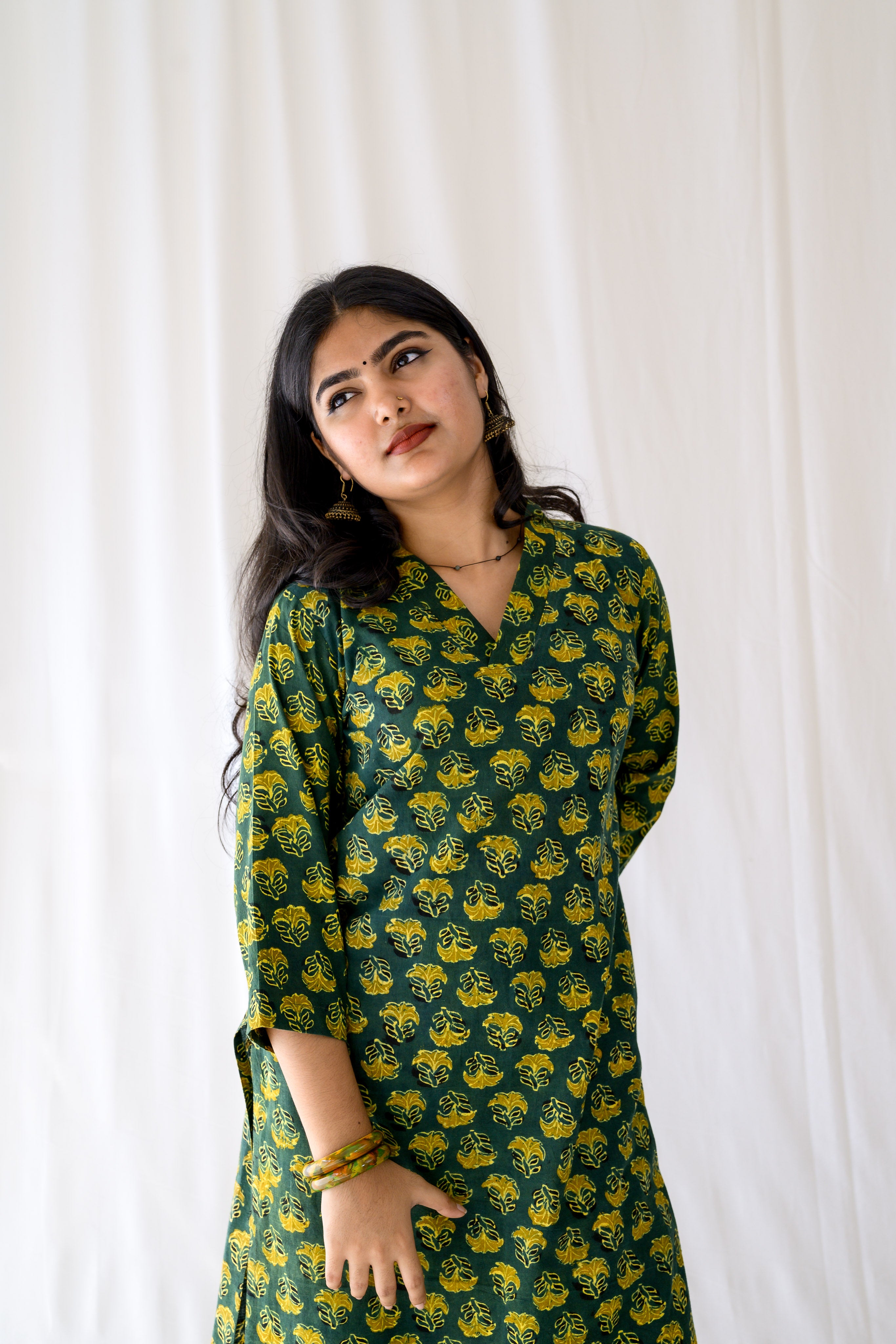 Nargis Bottle Green Ajrakh Kurta