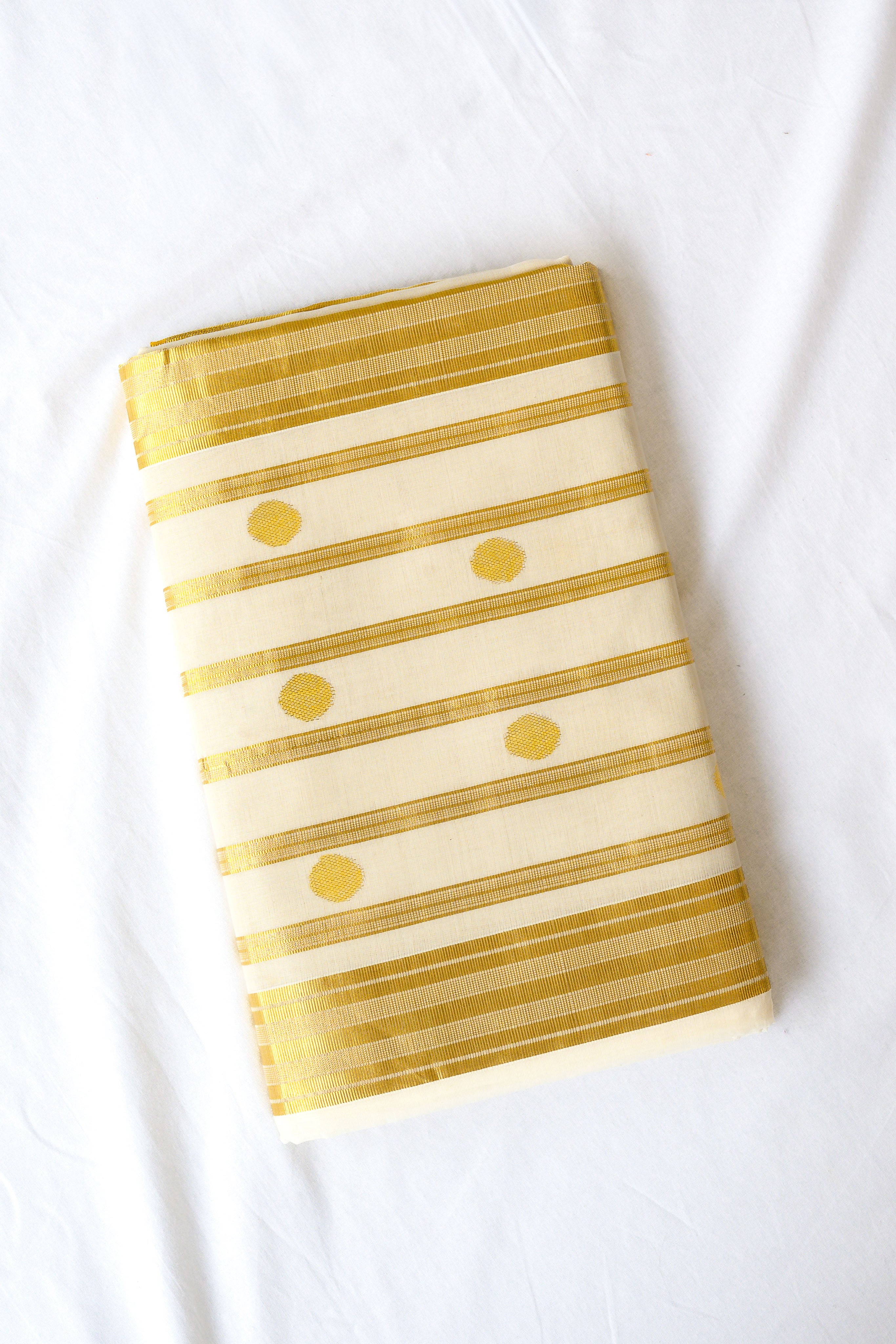 Golden Polka Lines Balaramapuram Handloom Saree with Modal Ajrakh Blouse